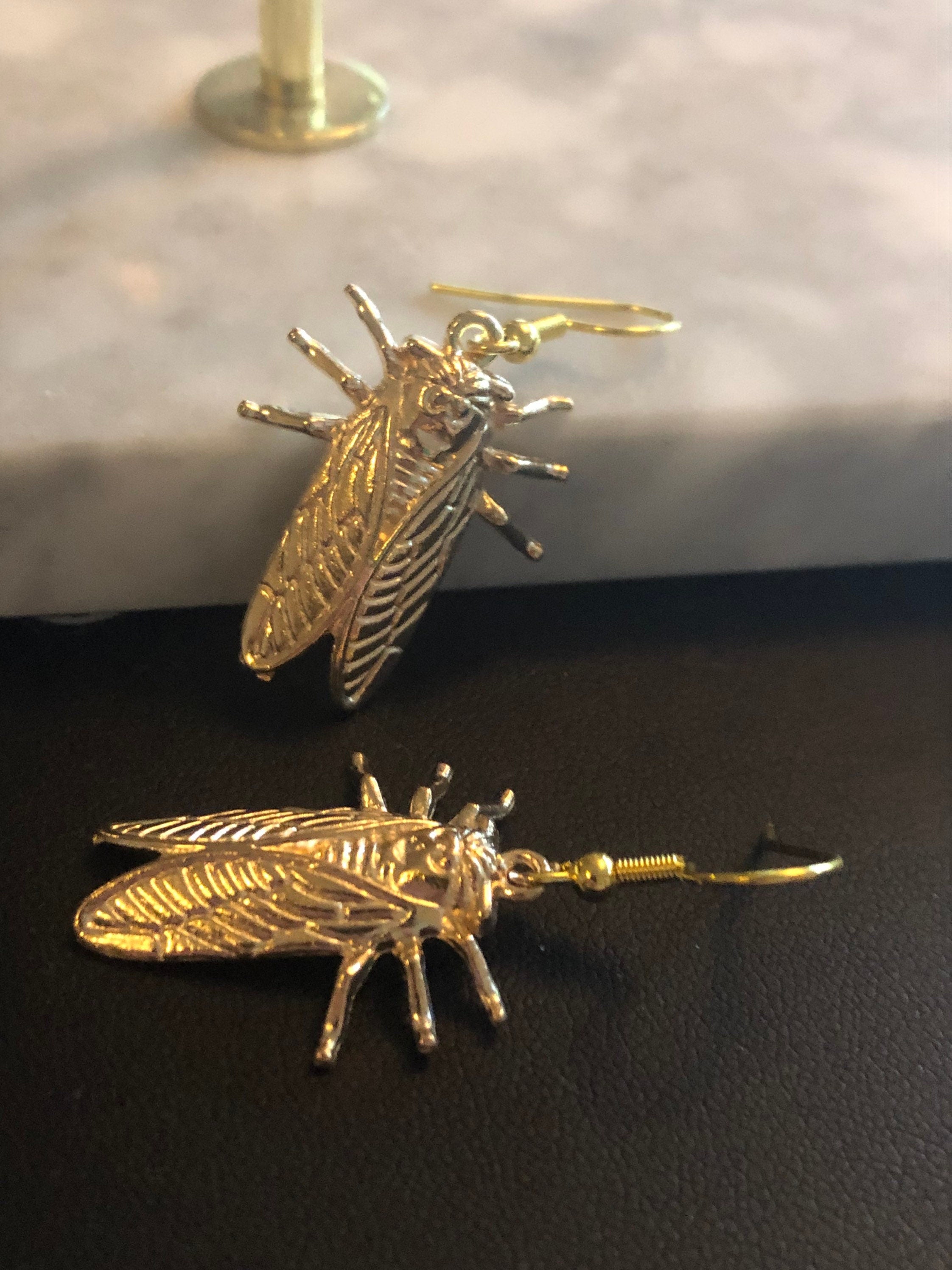 gold tone Cicada bug earrings for pierced ears