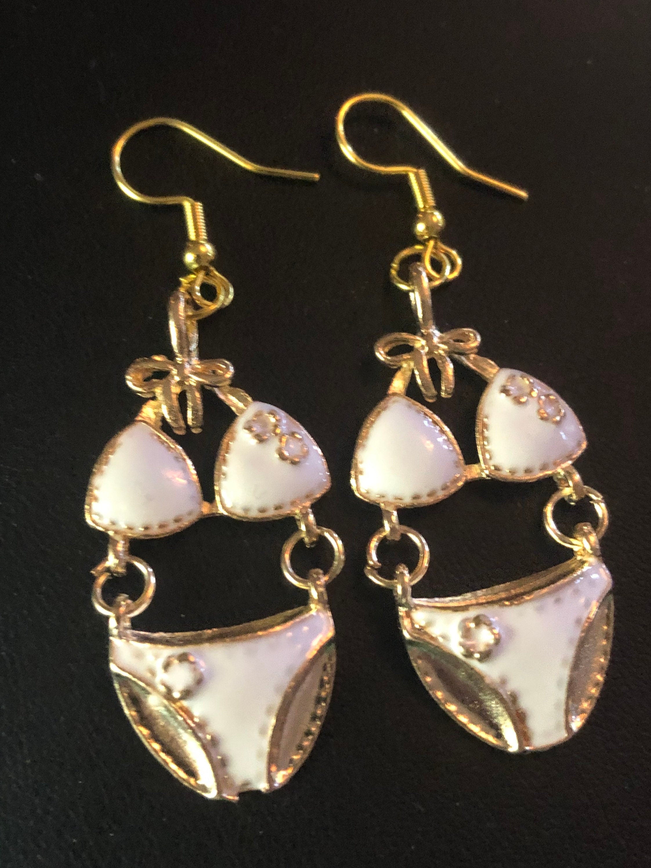 Gold tone & white enamel summer bikini drop earrings