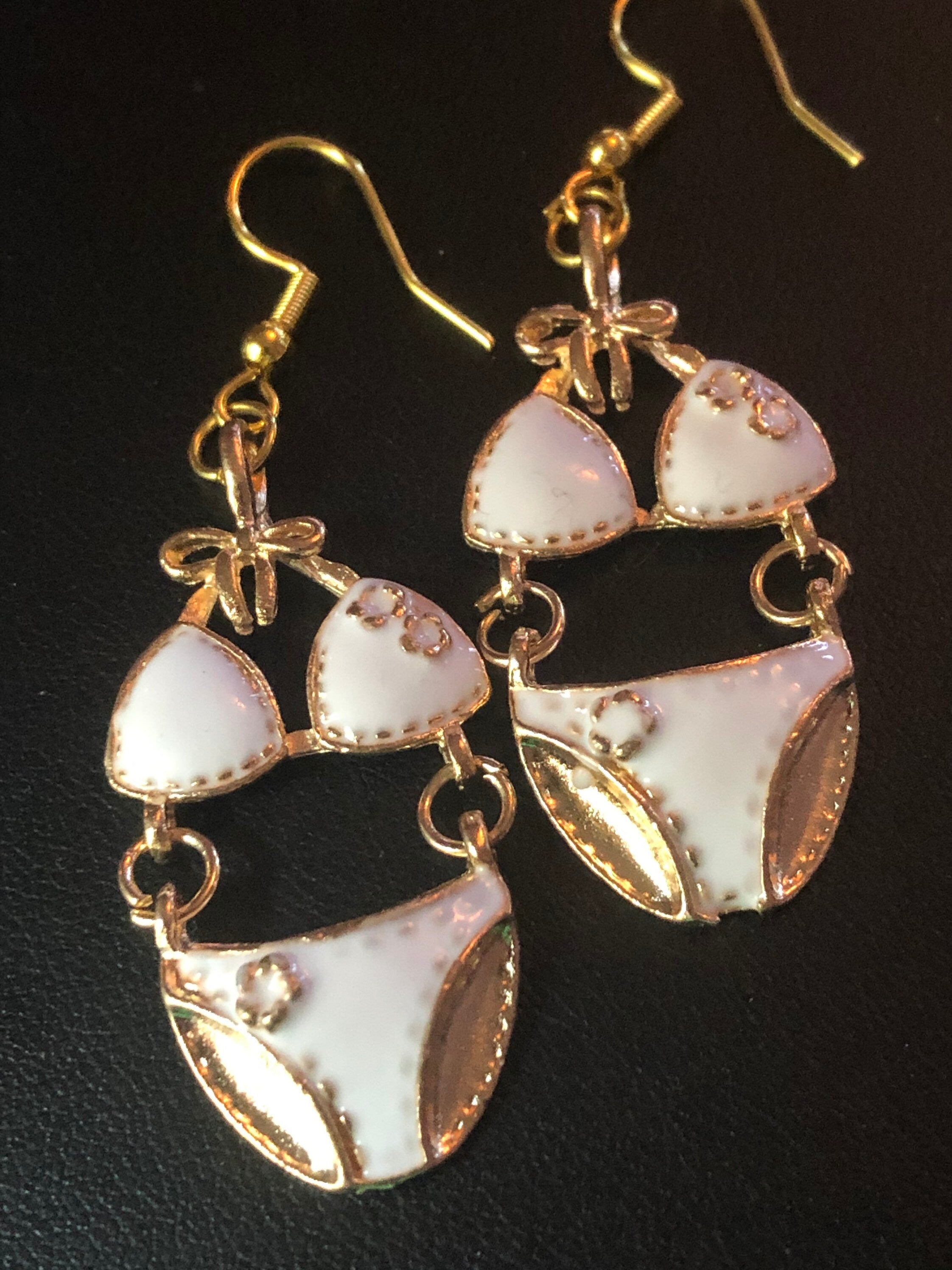 Gold tone & white enamel summer bikini drop earrings
