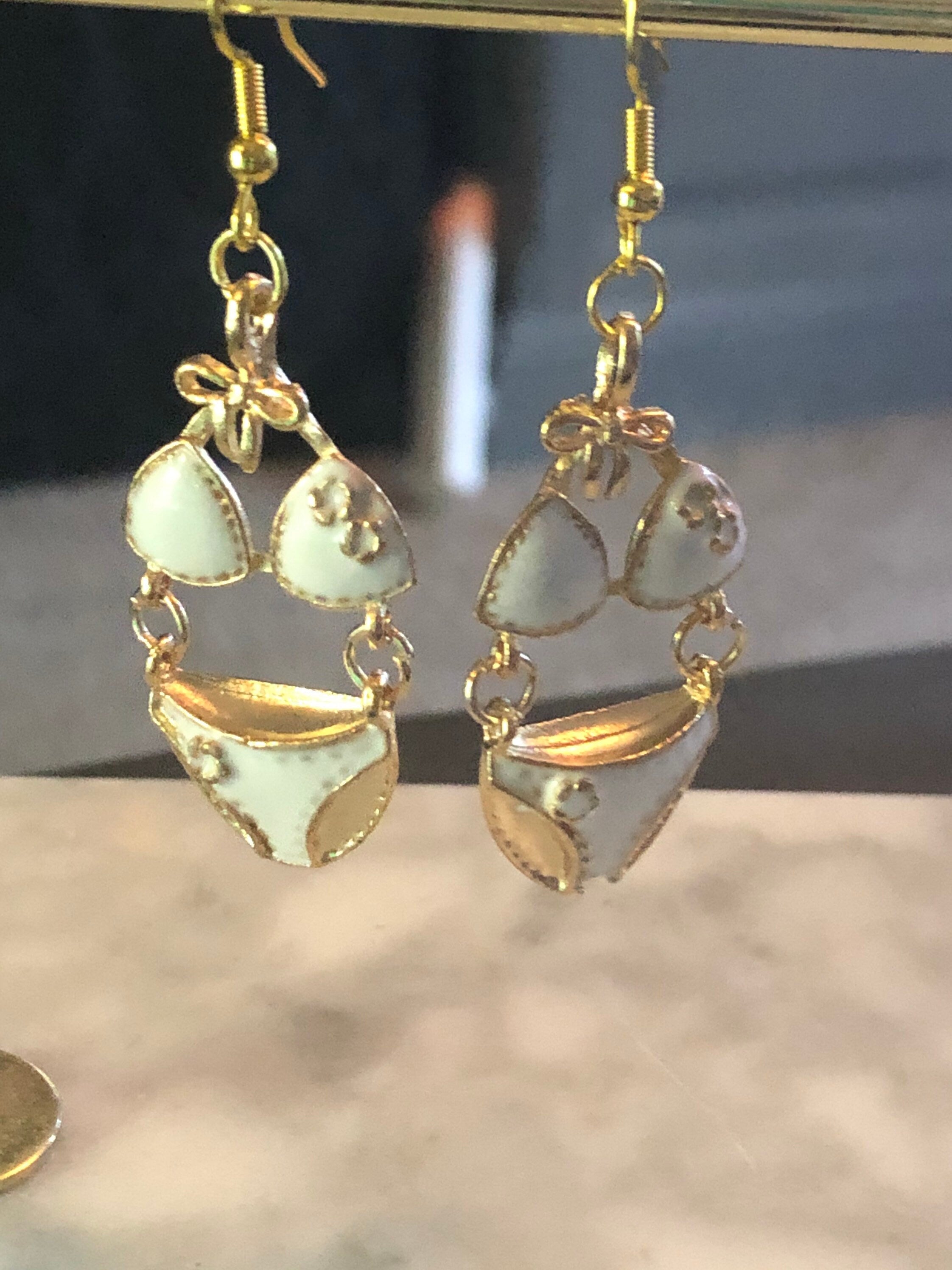 Gold tone & white enamel summer bikini drop earrings