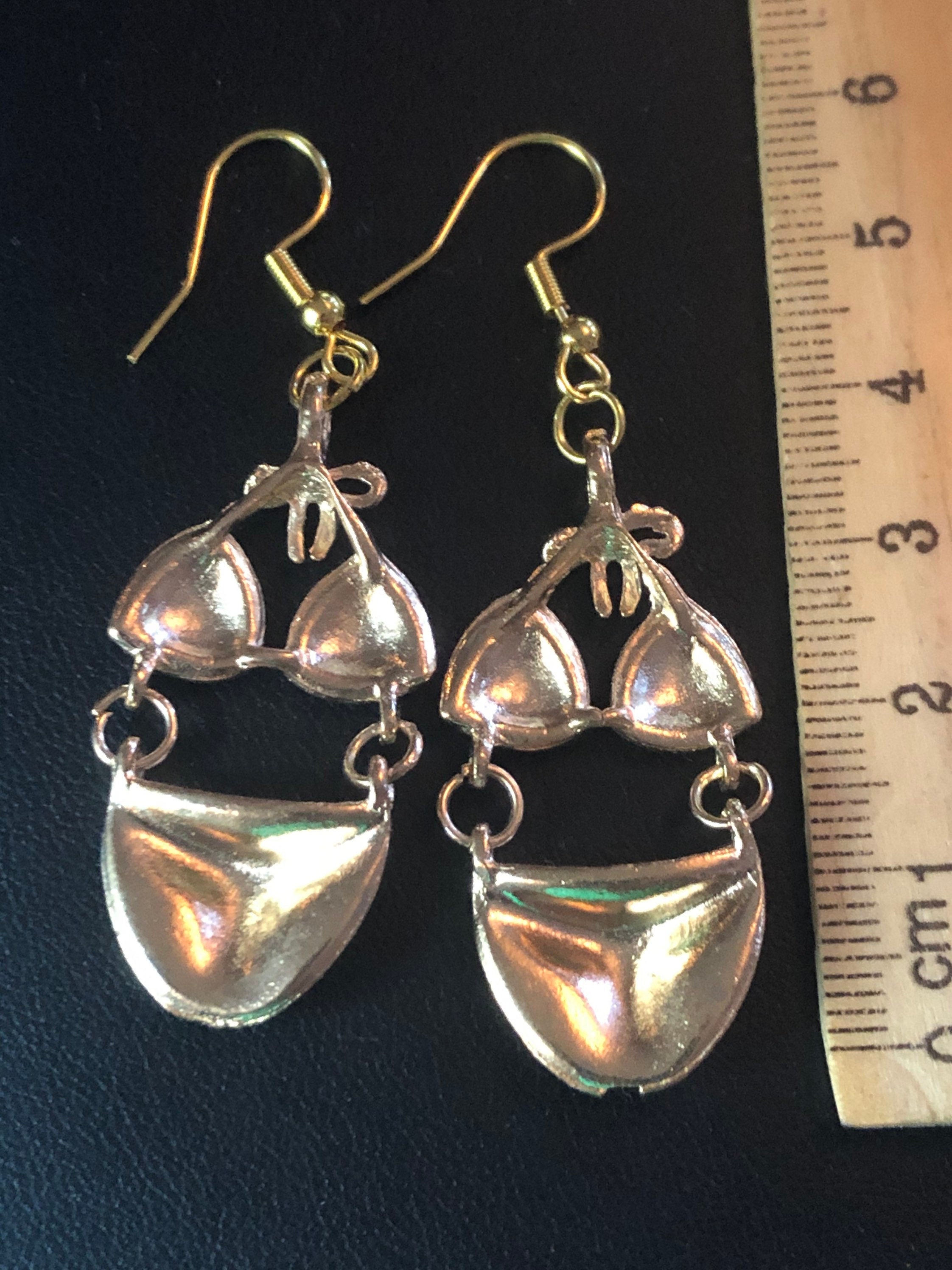 Gold tone & white enamel summer bikini drop earrings