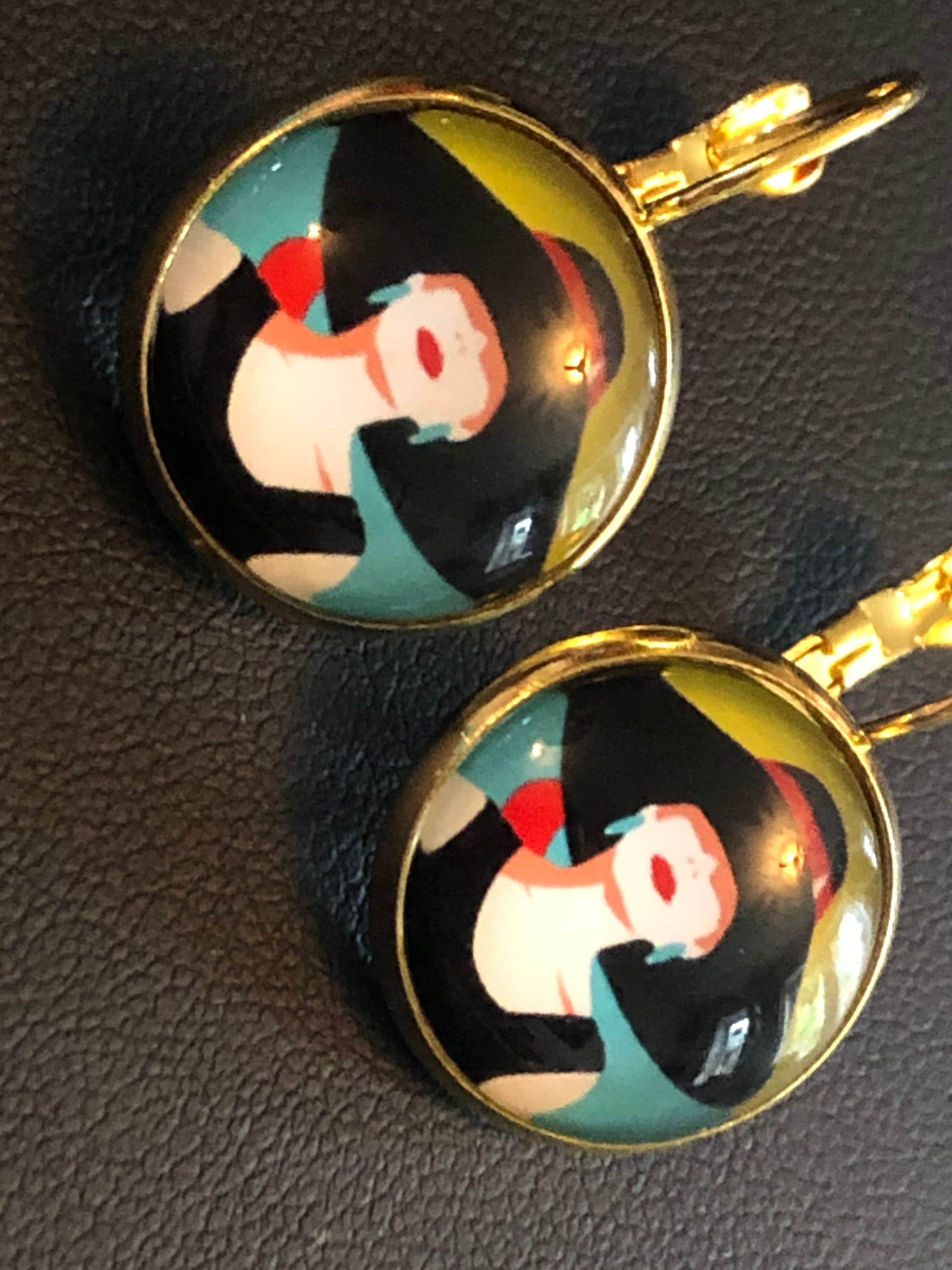 Art Deco stylish lady drop earrings with glass cabochon 1950s style pop art