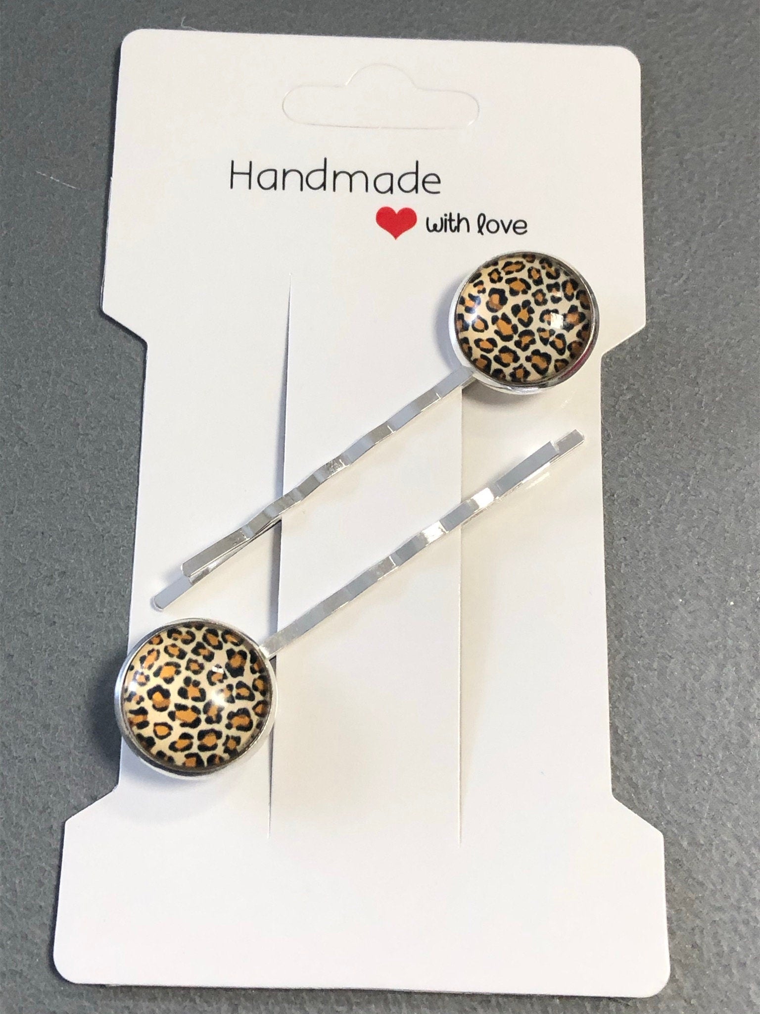 16mm round pair of animal leopard print hair clips silver tone