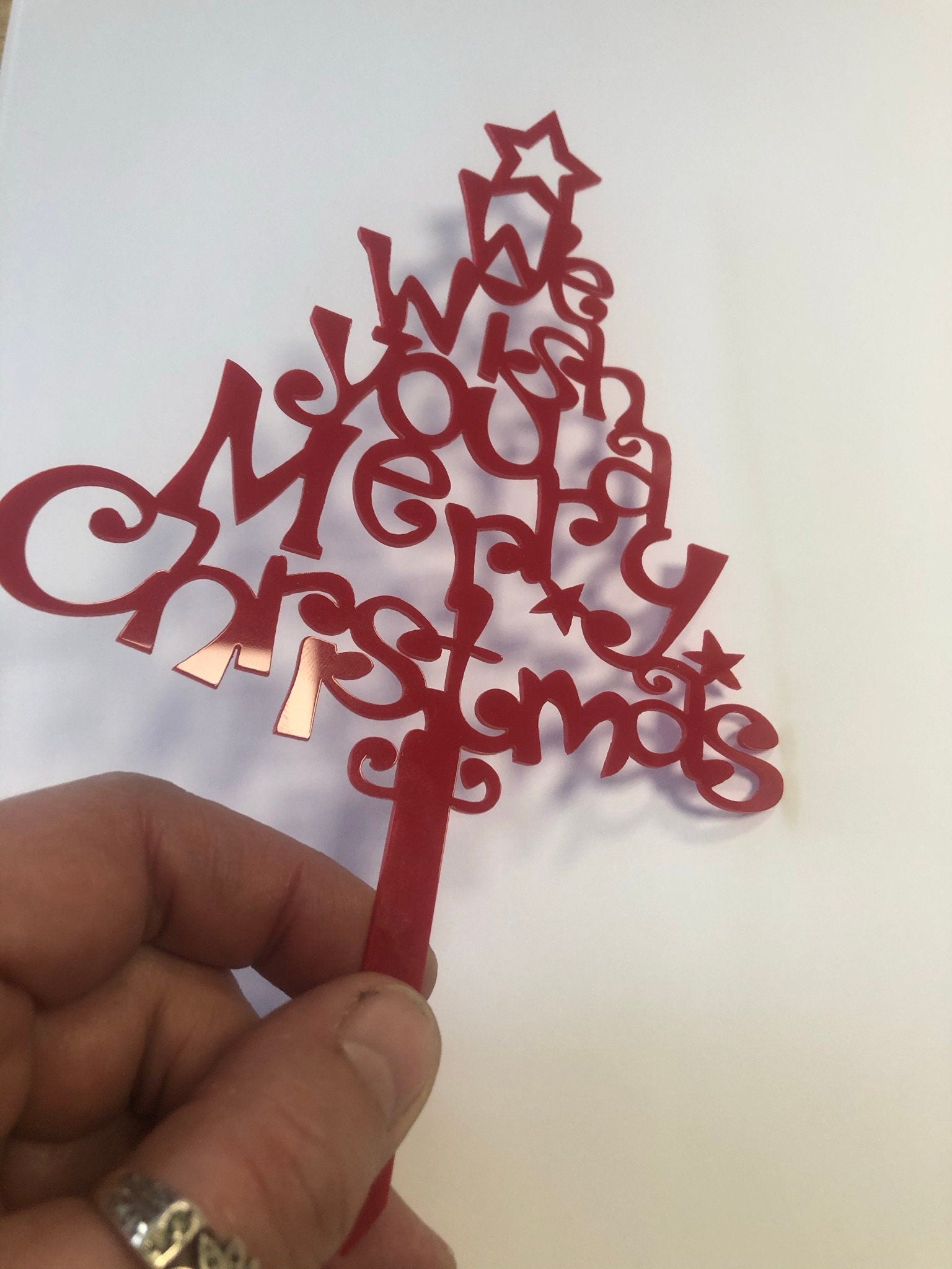 Red Christmas tree Cake Topper ( We wish you a merry Christmas) Acrylic