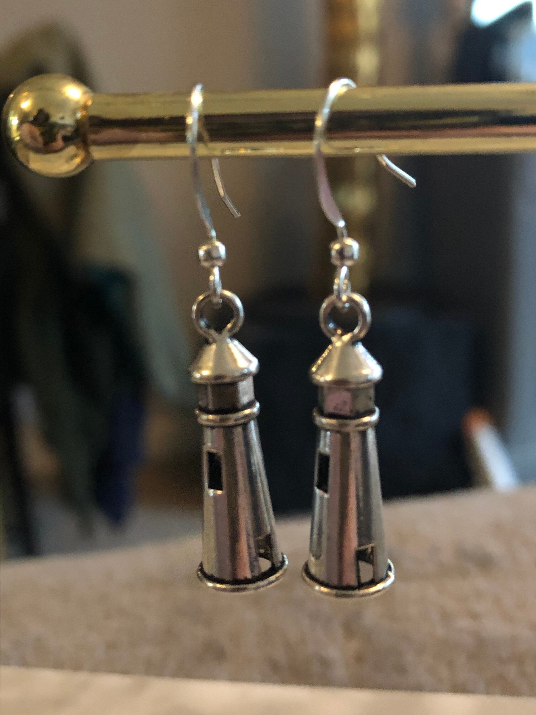 Nautical silver metal lighthouse dangly  earrings pierced ears