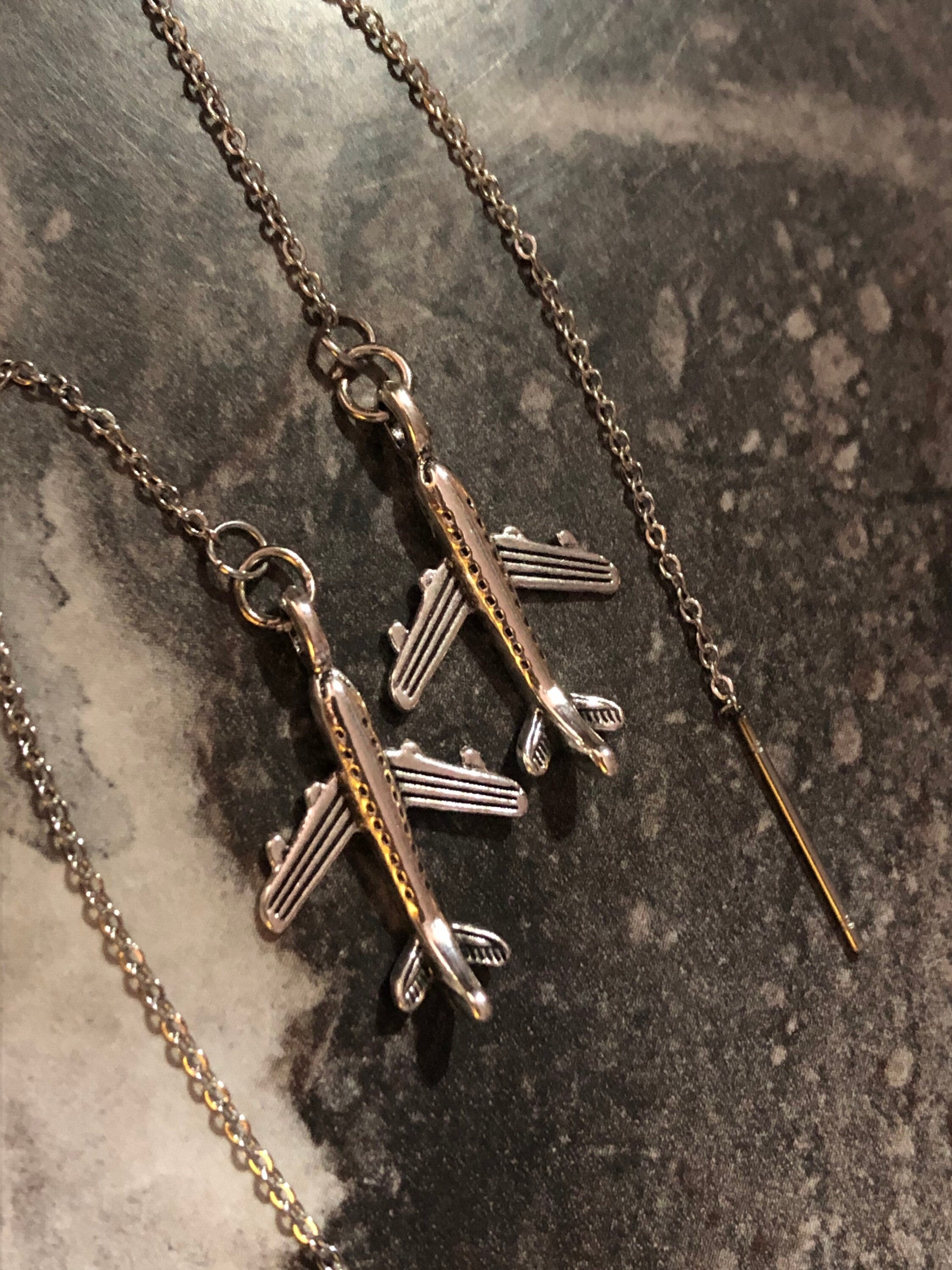 Silver tone aeroplane drop earrings pierced pull through stainless steel threader