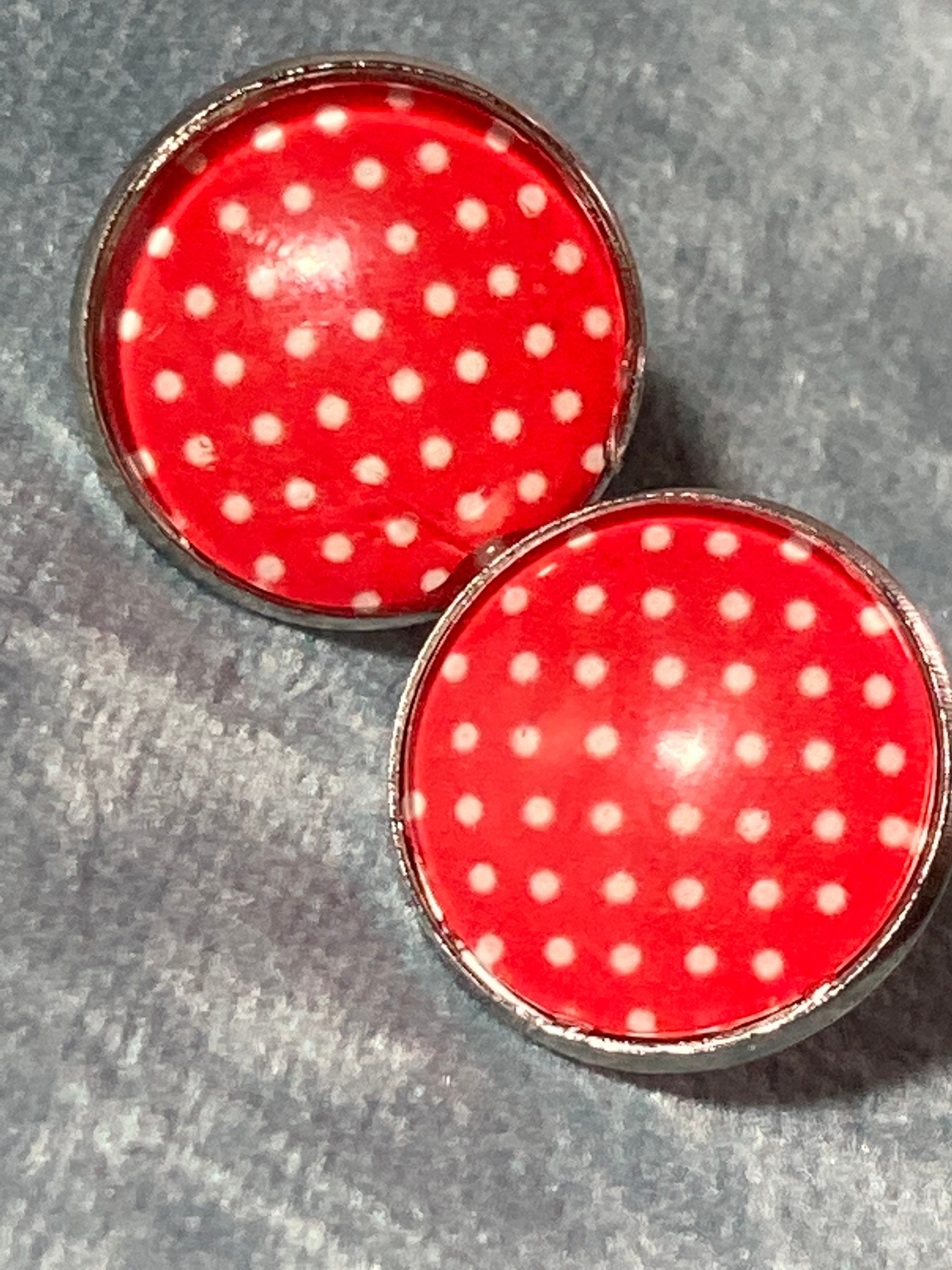 red polka dot earrings pierced round glass silver studs stainless steel