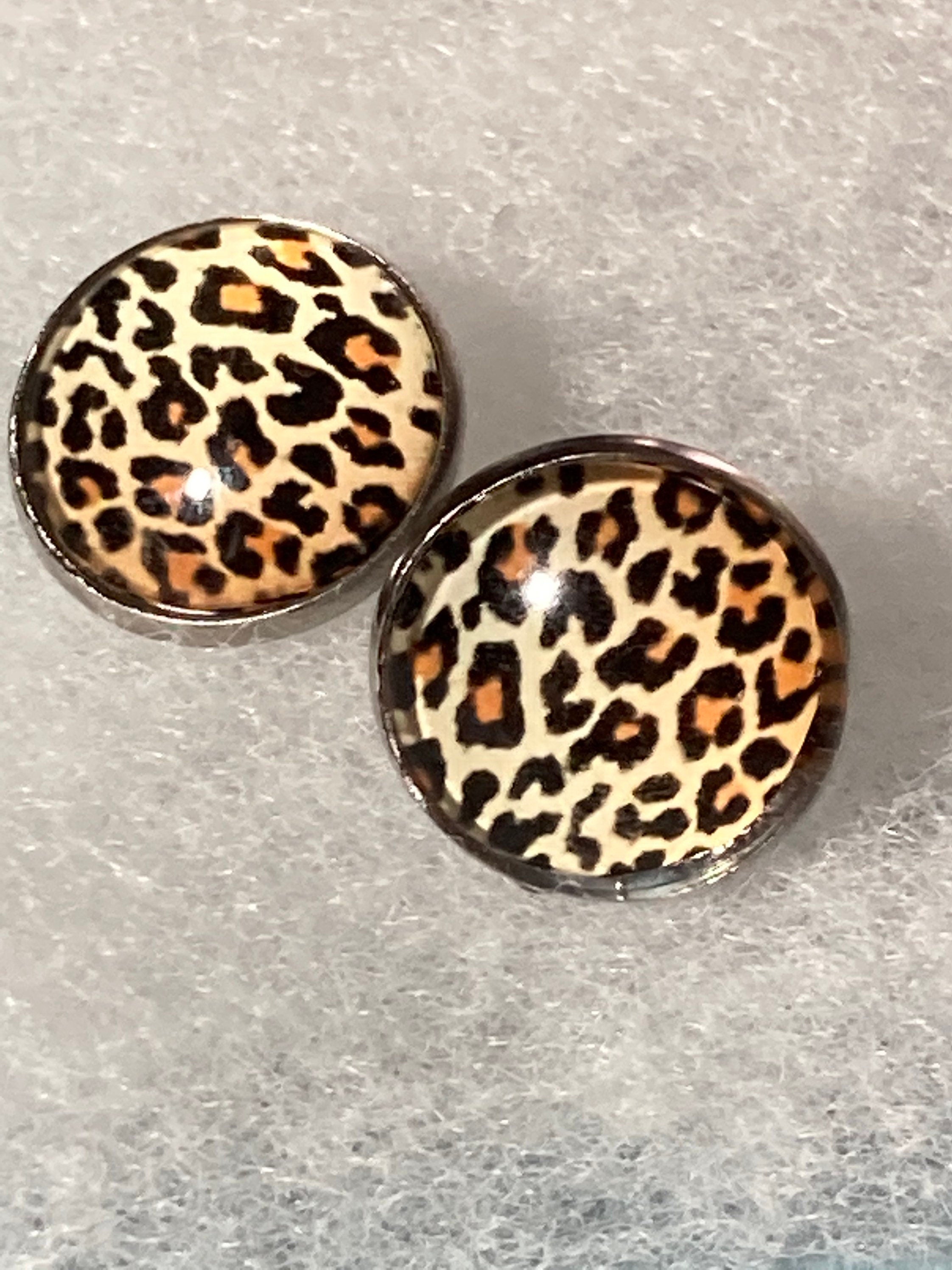 leopard print silver stud earrings stainless steel with glass cabochons