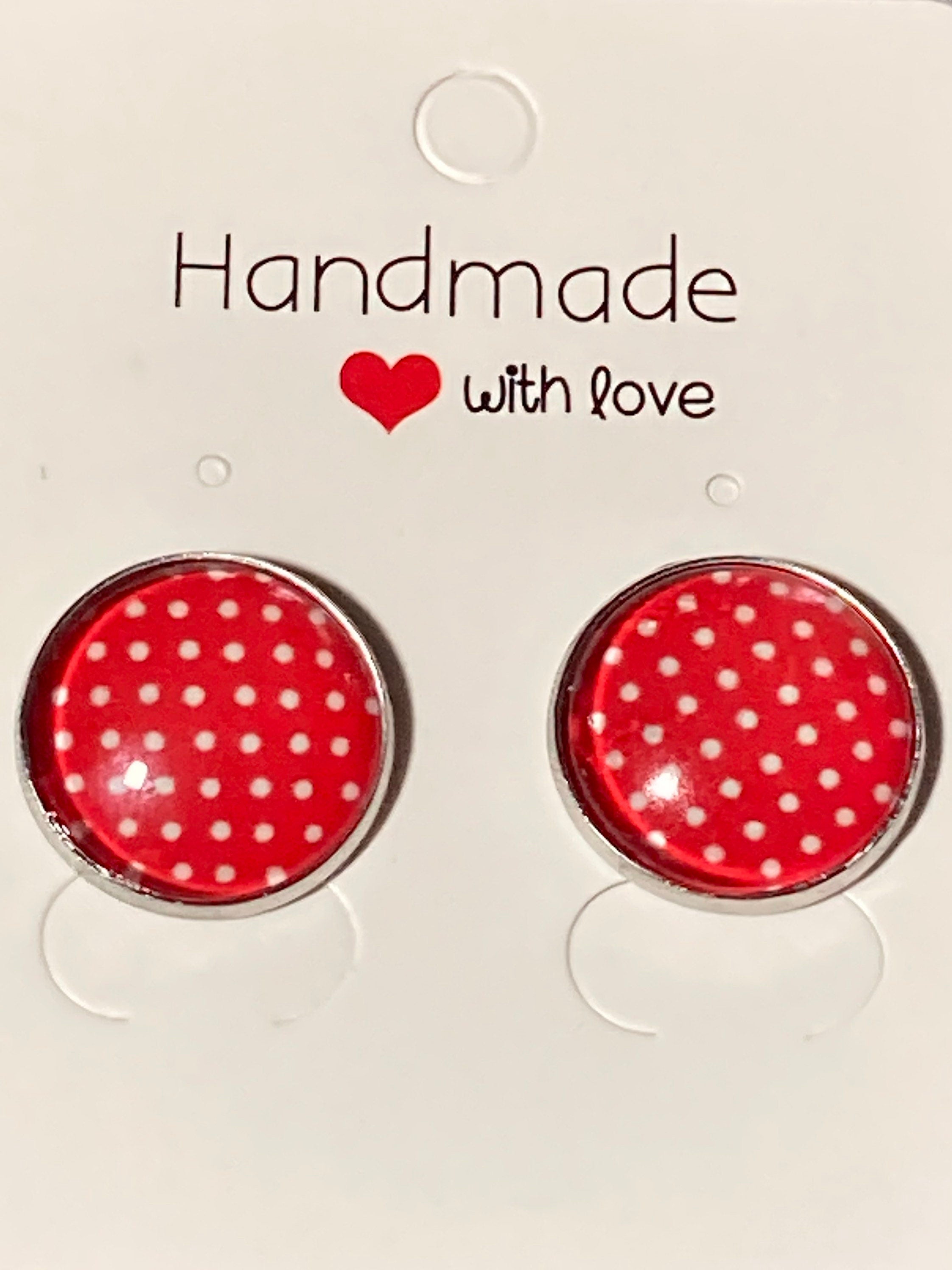 red polka dot earrings pierced round glass silver studs stainless steel