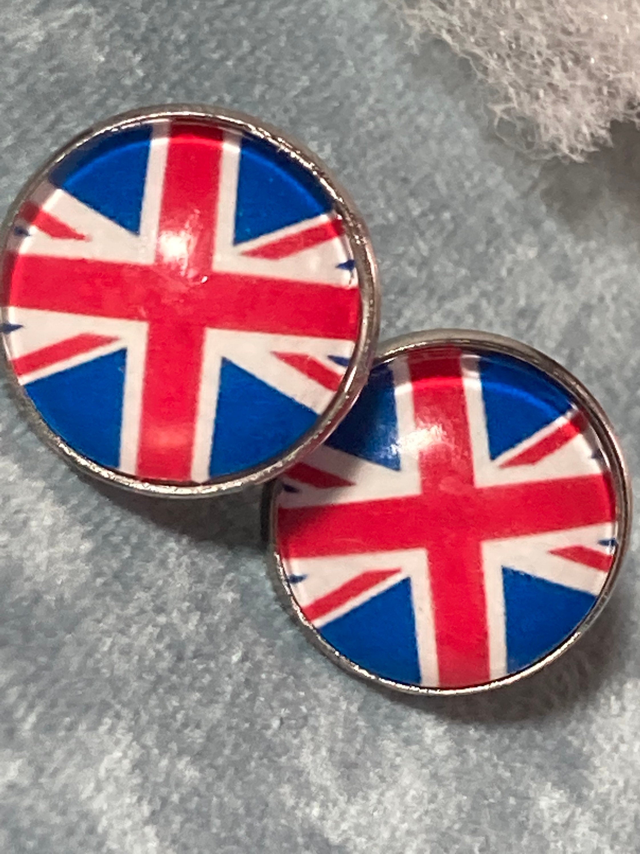Union Jack stud earrings with 16mm glass cabochons stainless steel