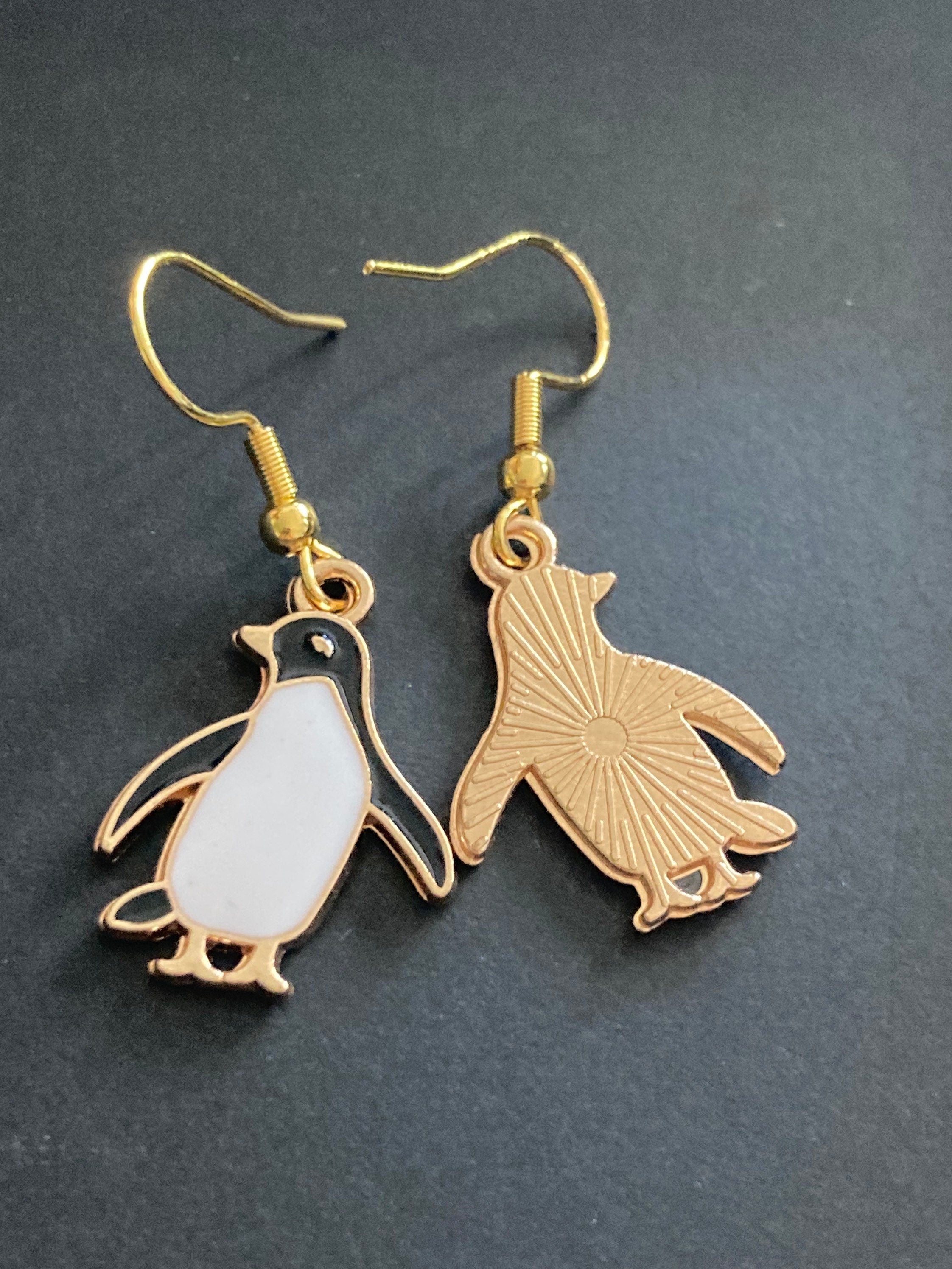 penguin drop earrings Gold tone black white enamel