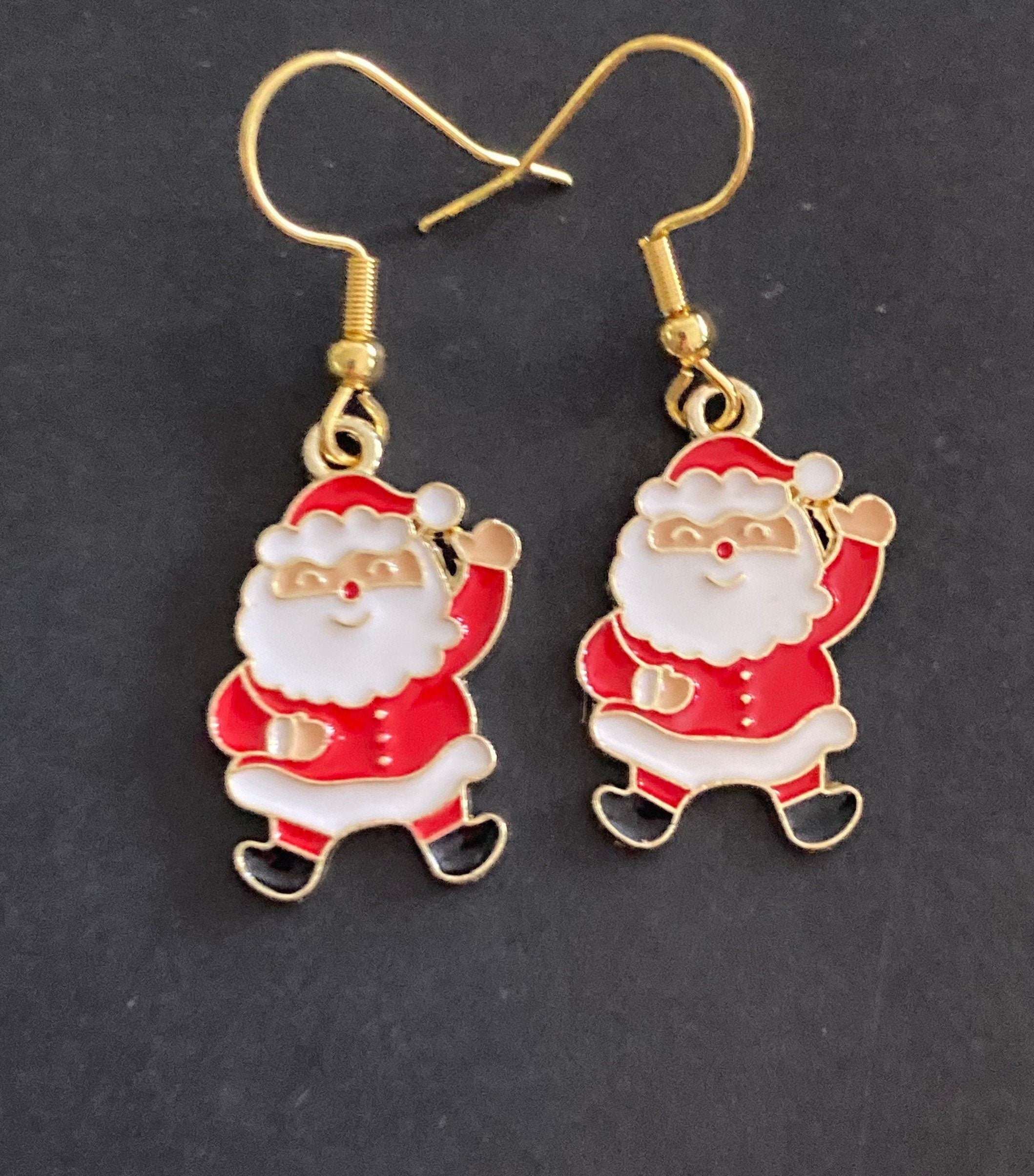 father Christmas Santa Claus red white enamel drop earrings for pierced ears