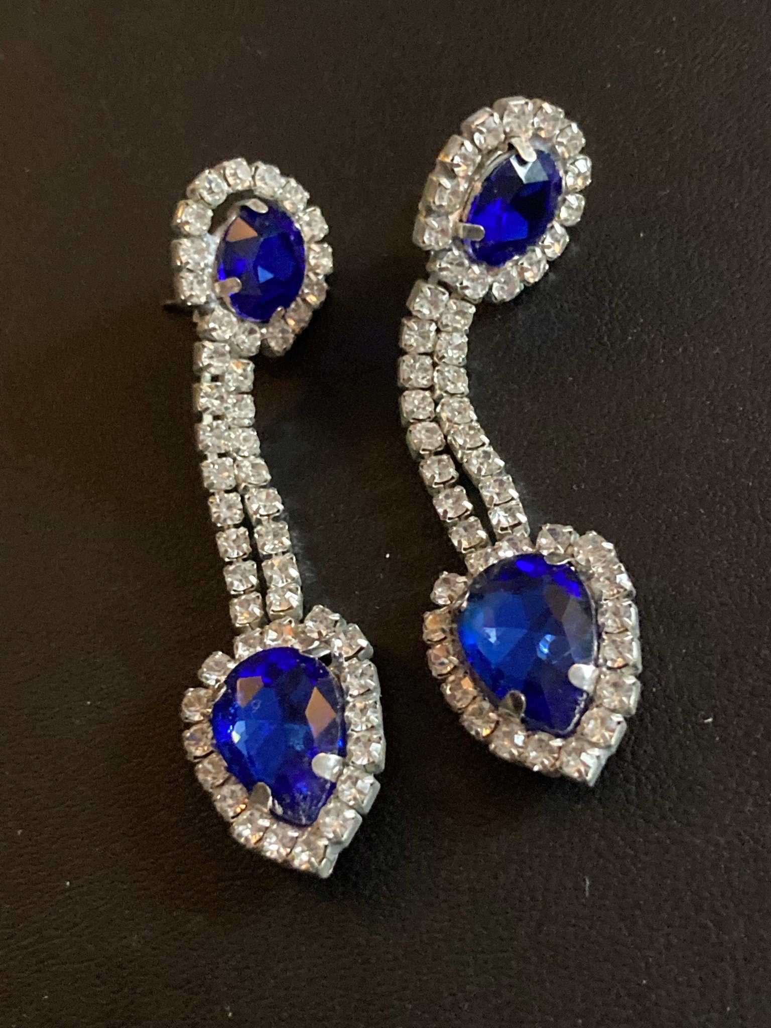 Vintage Czech Rhinestone Long Blue Sapphire Clear Glass Paste Diamante Drop Earrings