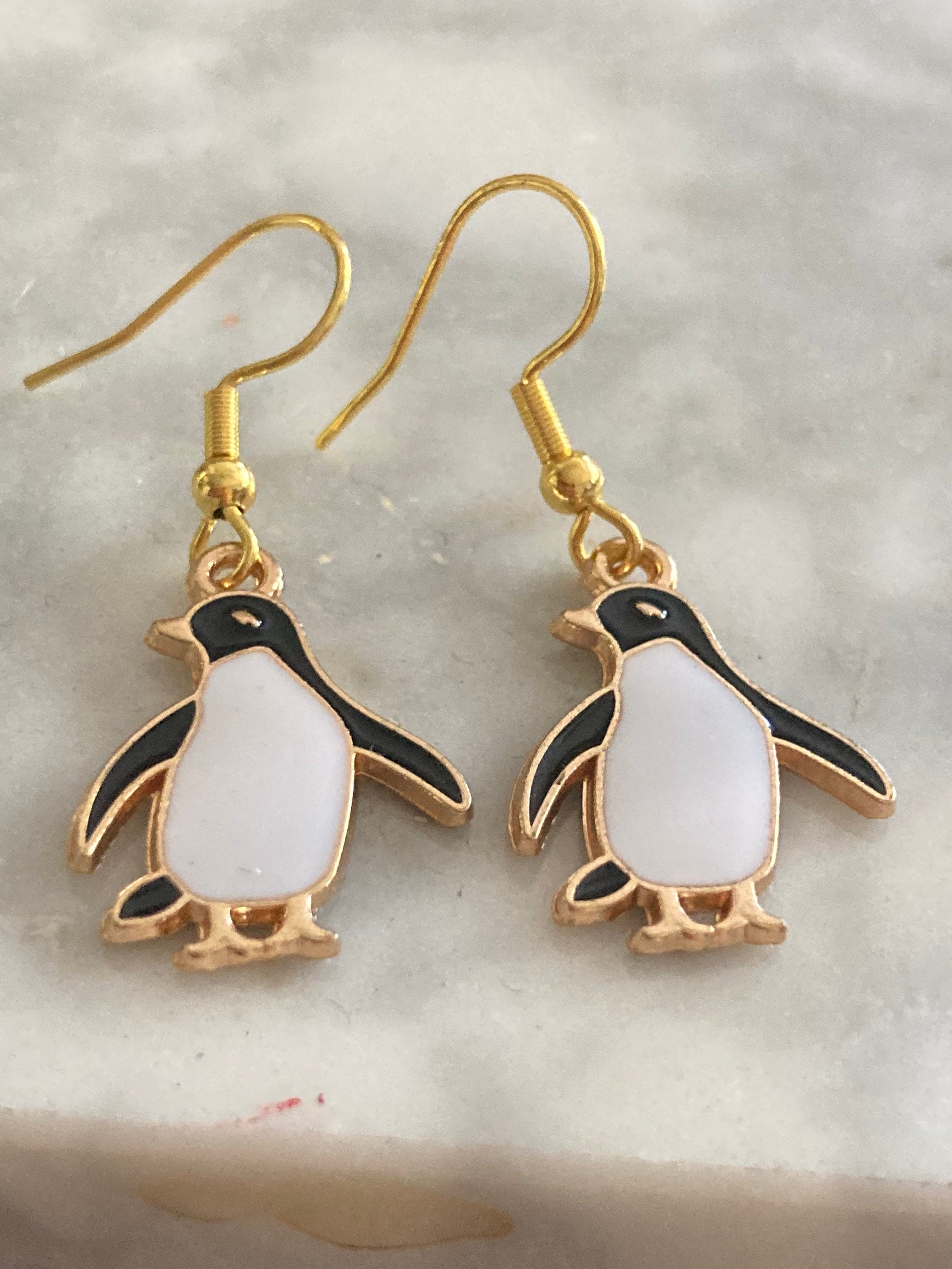 penguin drop earrings Gold tone black white enamel