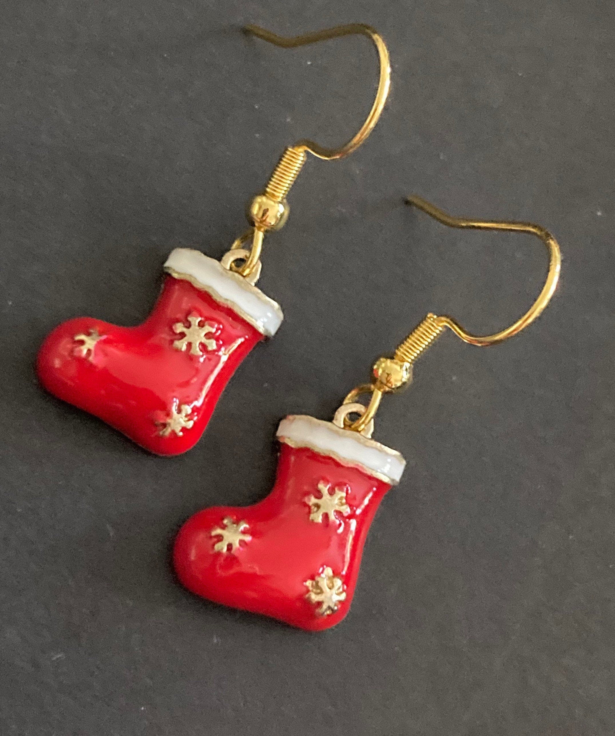 Christmas Santa Claus red boots enamel drop earrings for pierced ears
