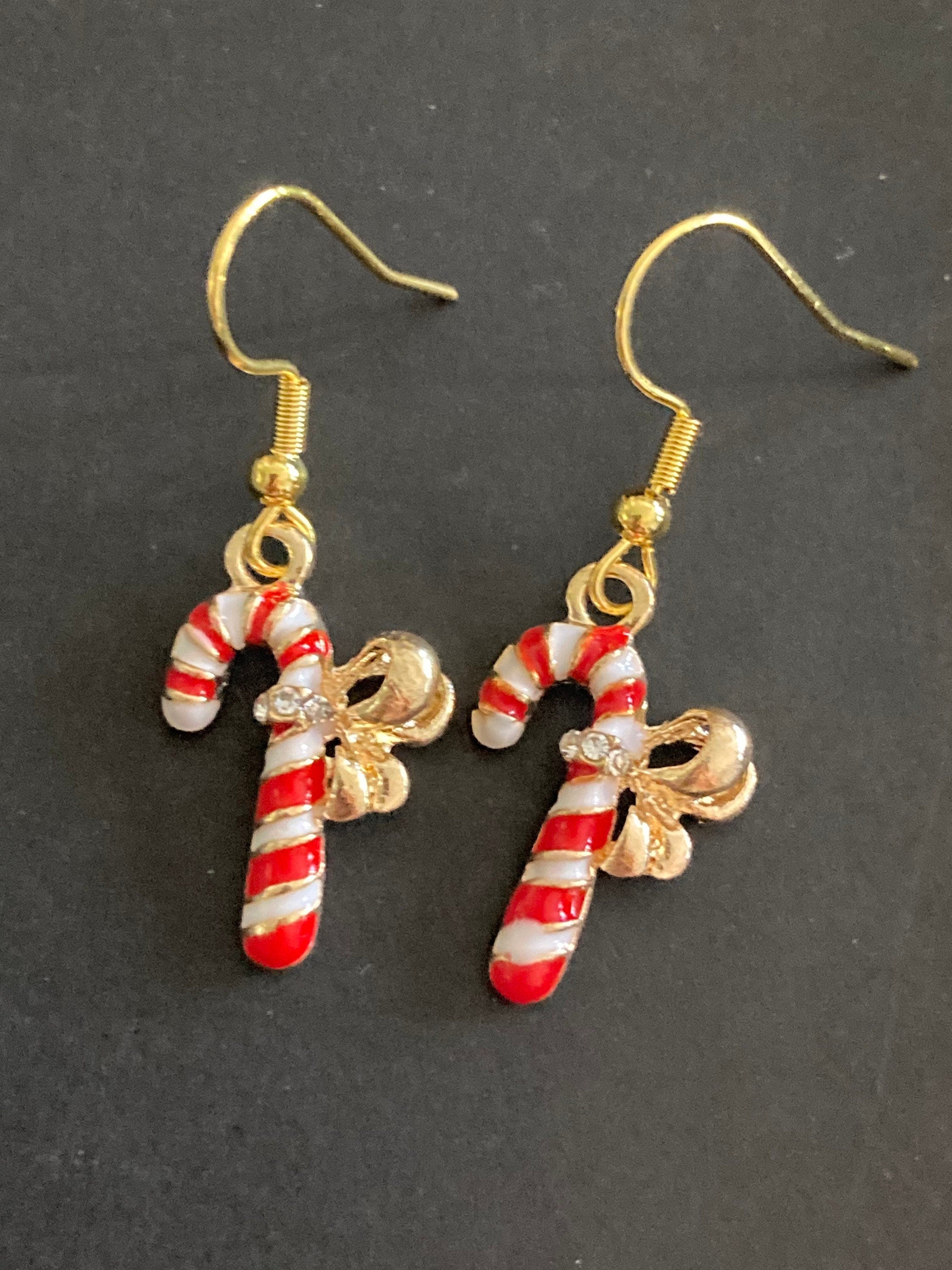 red and white enamel striped candy cane drop earrings for pierced ears