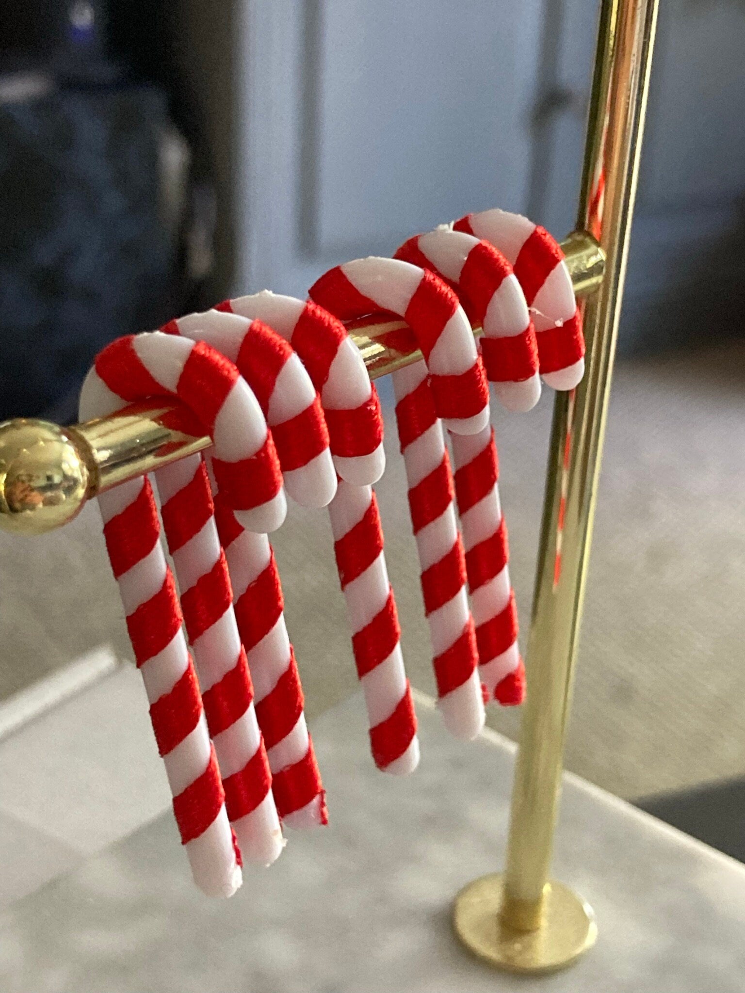 Christmas red and white candy cane cake toppers , 6 x 5cm long plastic and ribbon