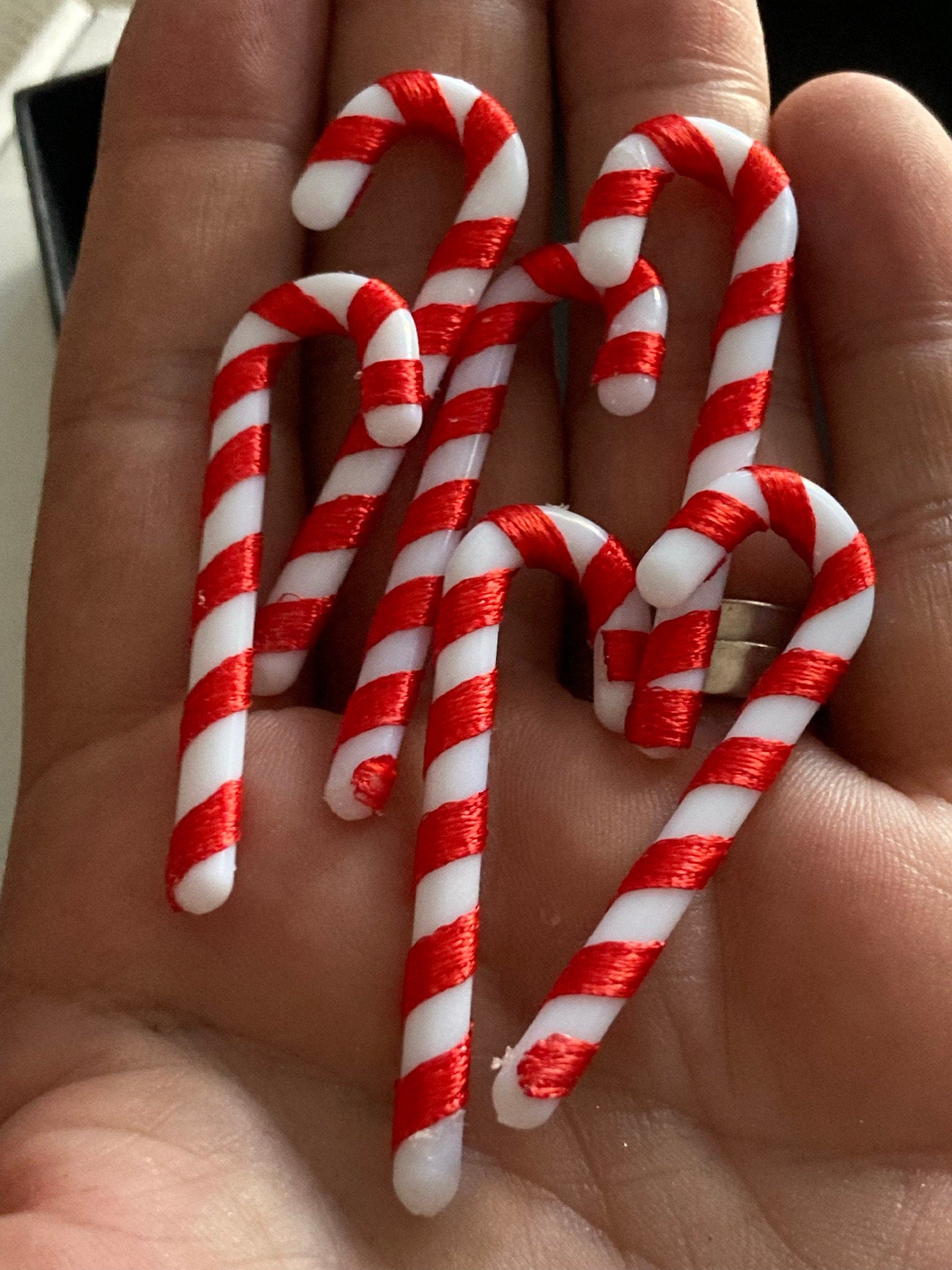 Christmas red and white candy cane cake toppers , 6 x 5cm long plastic and ribbon