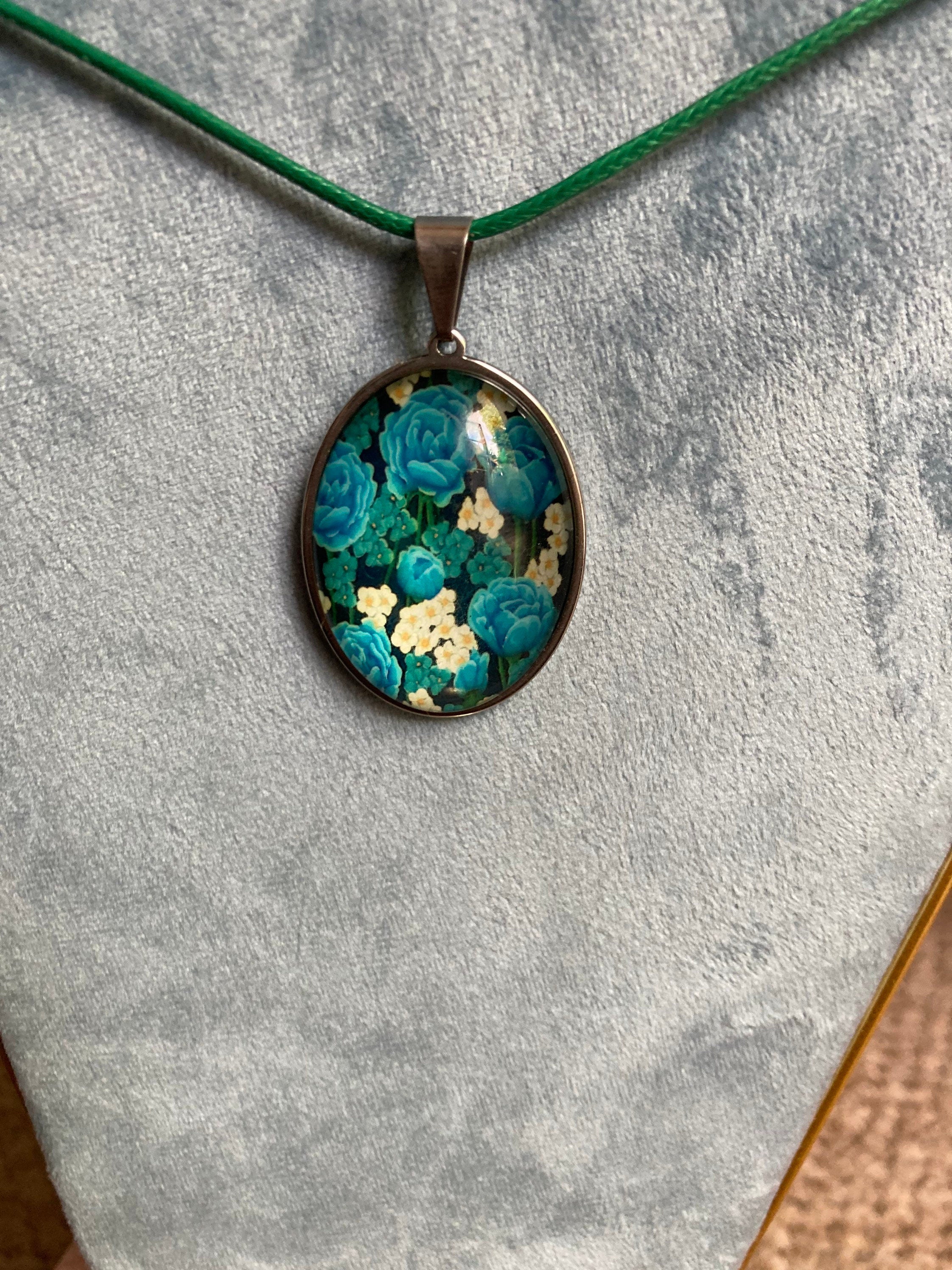 glass floral blue and green garden roses oval stainless steel pendant necklace