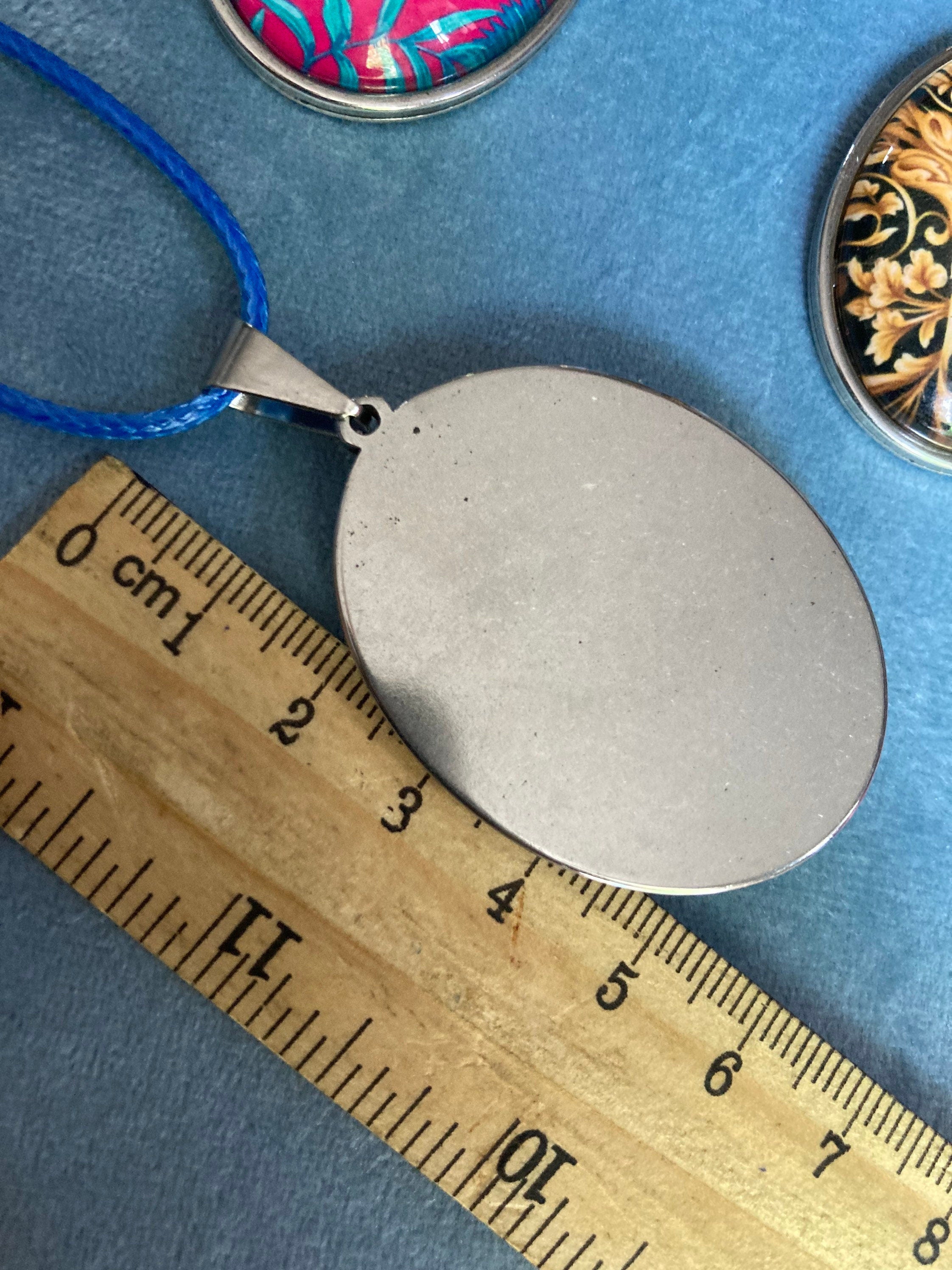 glass floral blue and green garden roses oval stainless steel pendant necklace
