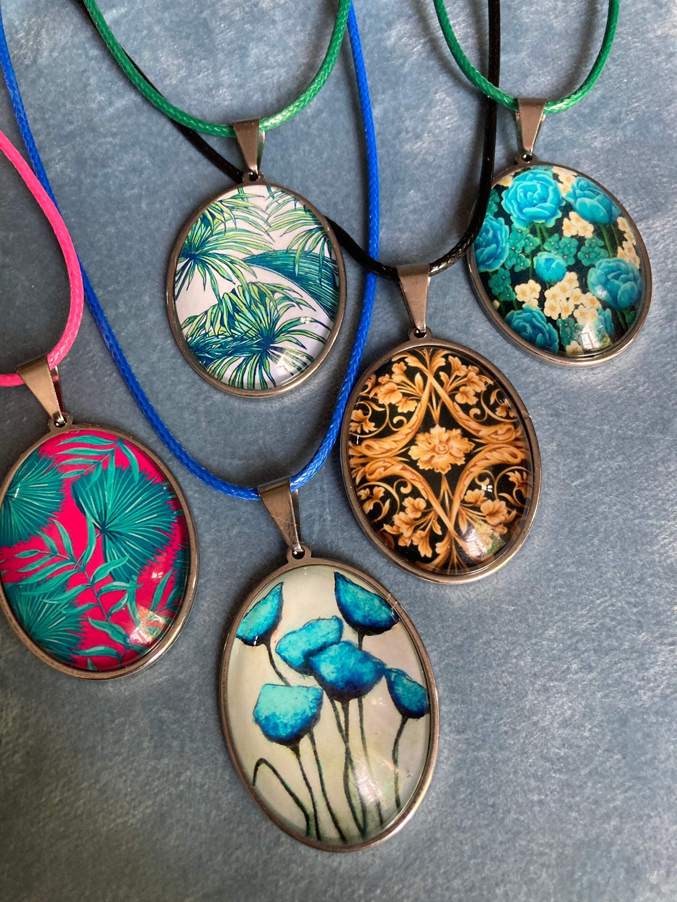 glass floral blue and green garden roses oval stainless steel pendant necklace
