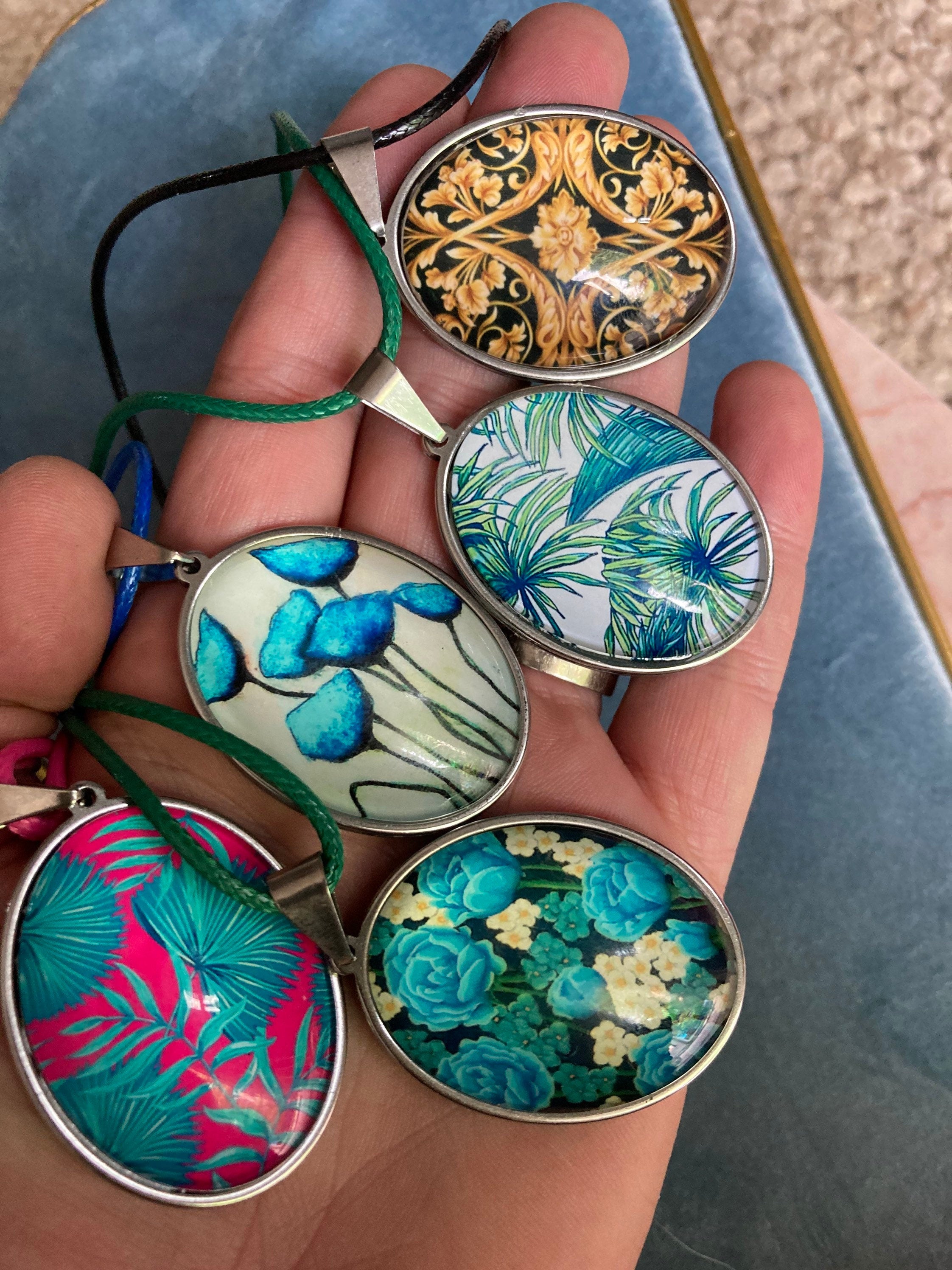 glass floral blue and green garden roses oval stainless steel pendant necklace