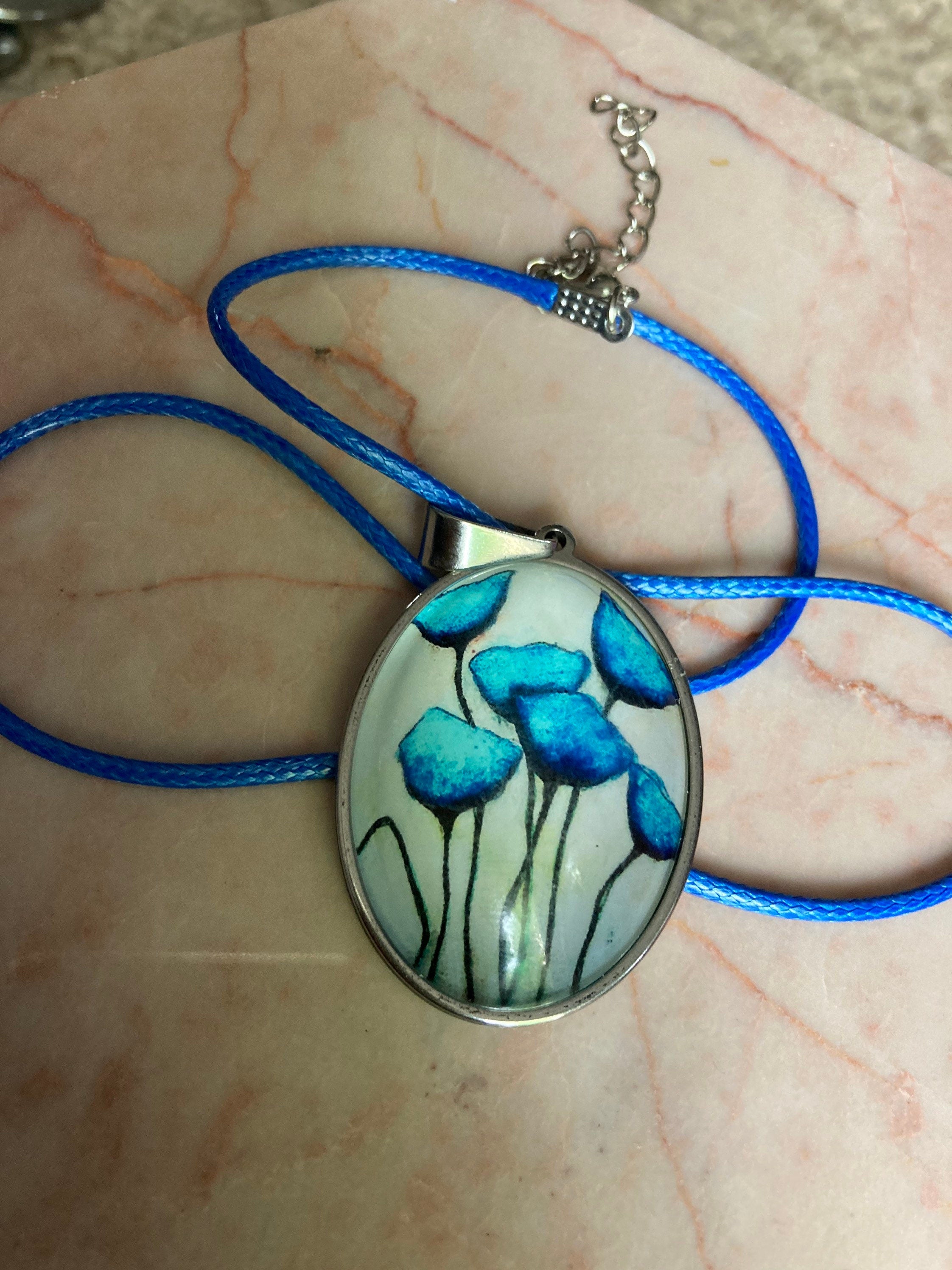 Blue floral glass garden flowers large oval stainless steel pendant necklace