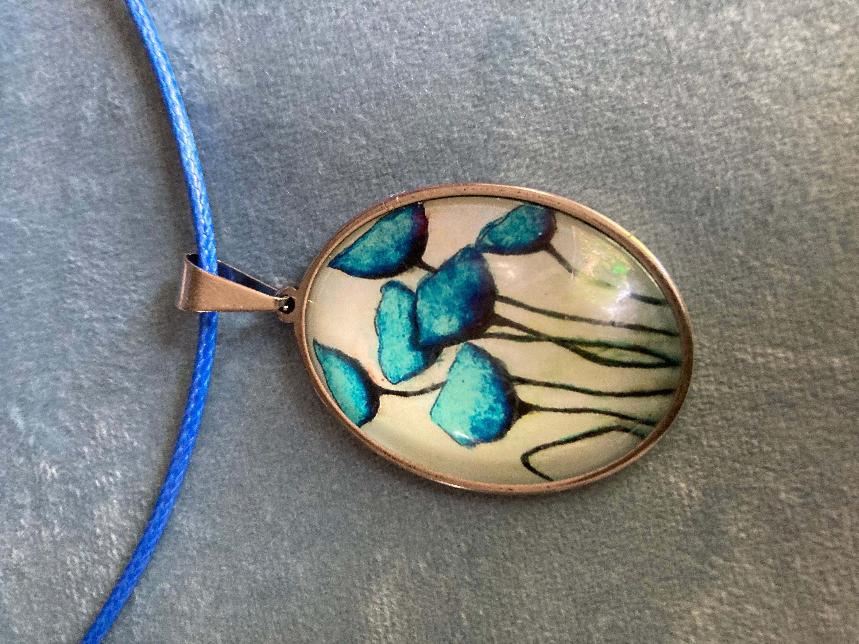Blue floral glass garden flowers large oval stainless steel pendant necklace
