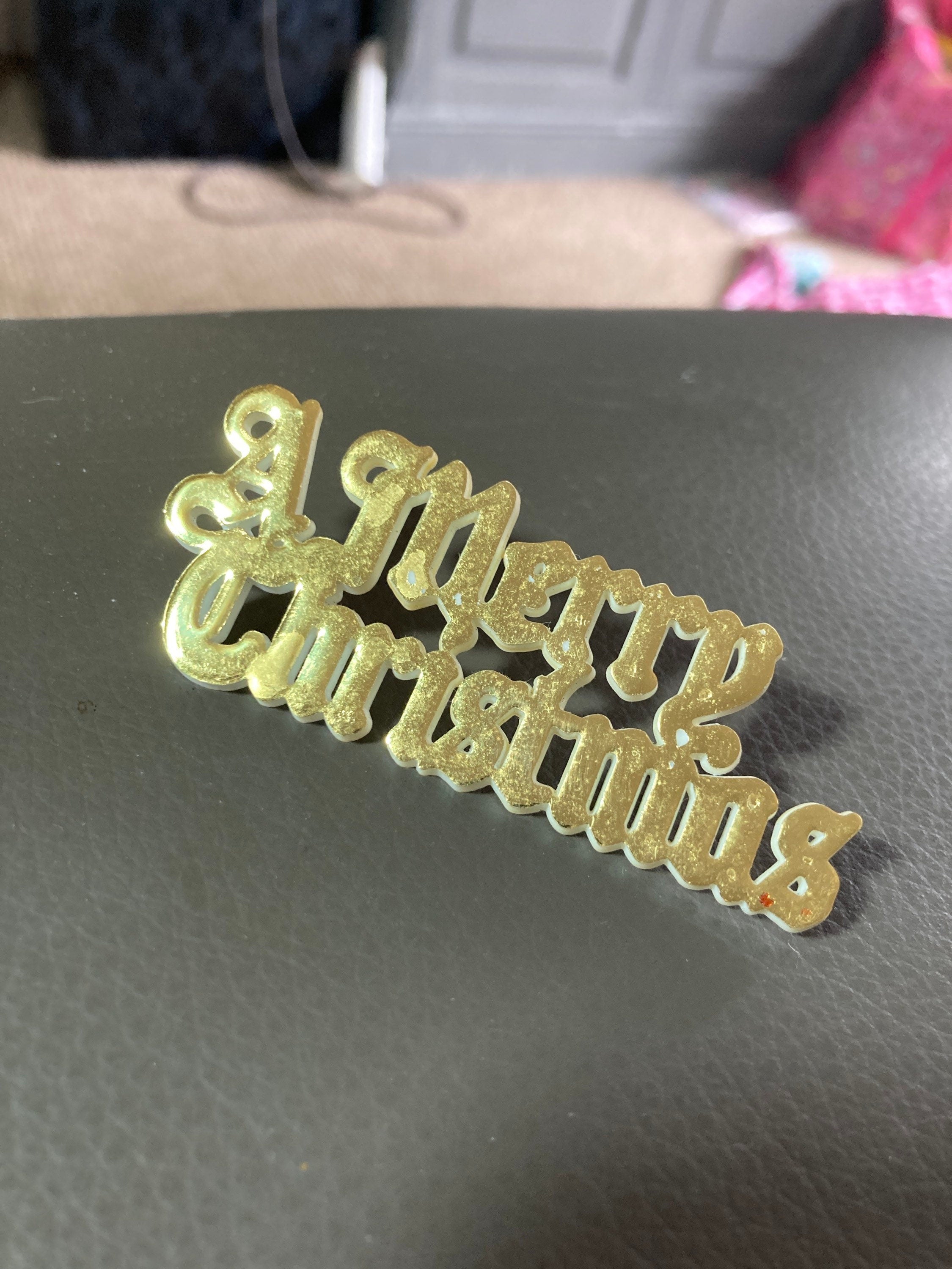 Vintage MERRY CHRISTMAS gold plastic stand up cake topper