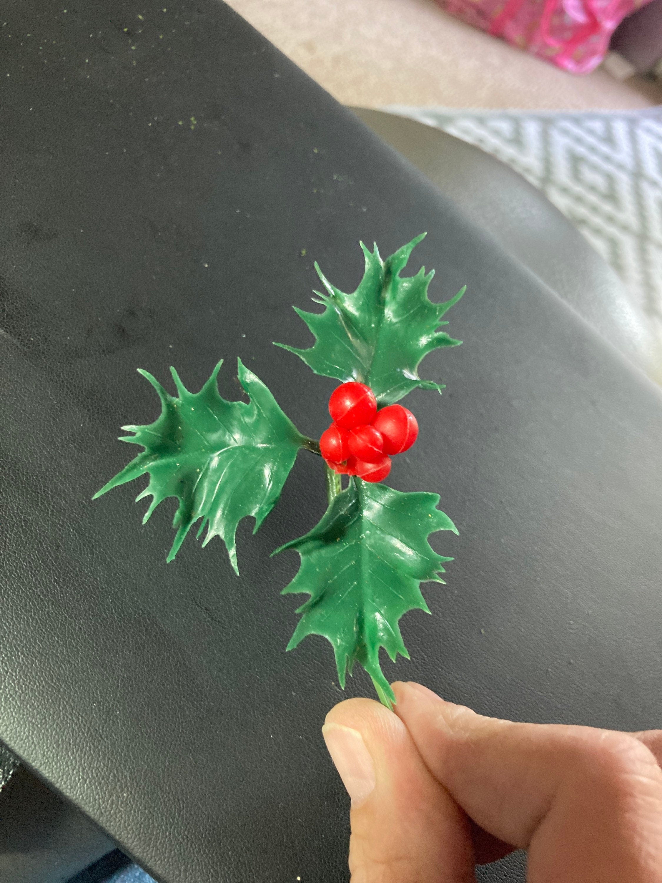 red green large sprig of HOLLY LEAVES BERRIES plastic cake topper decoration