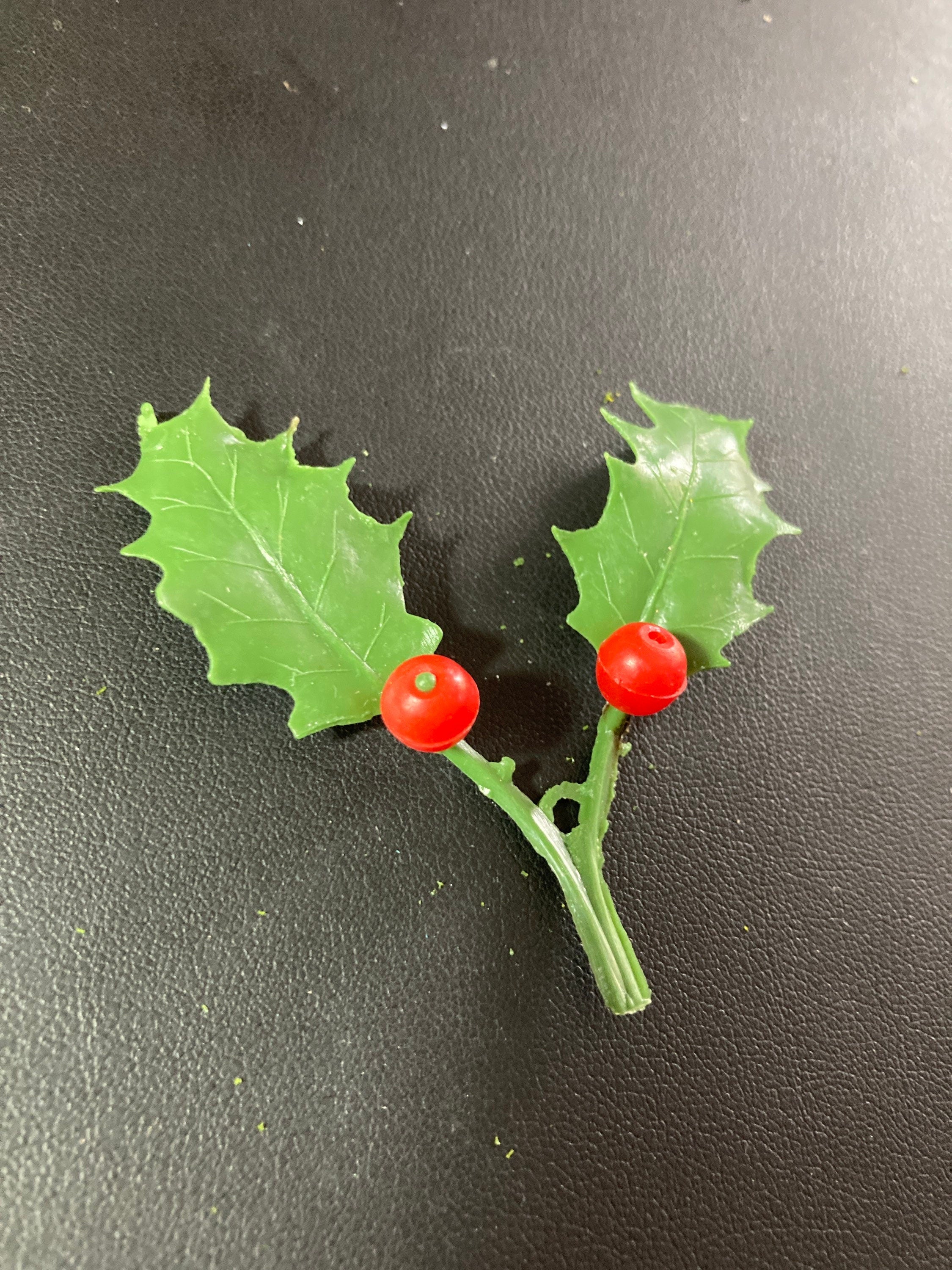 Red green large 6cm sprig of HOLLY LEAVES BERRIES plastic cake topper decoration