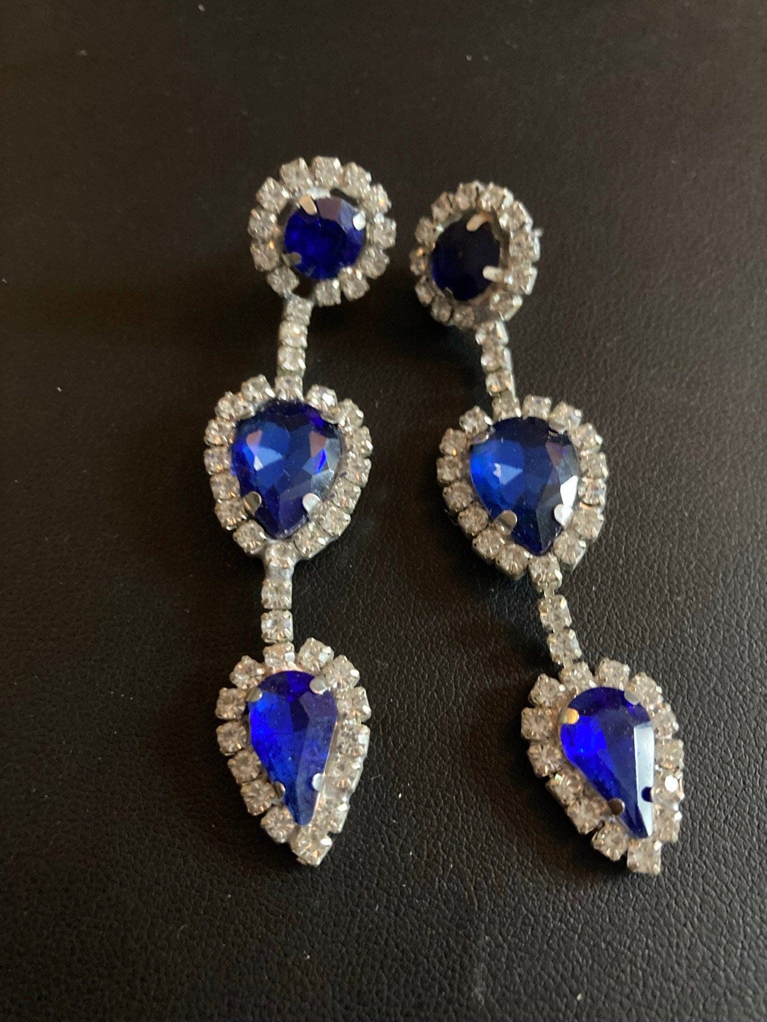 Vintage Czech Rhinestone Long Blue Sapphire Clear Glass Paste Diamante Drop Earrings