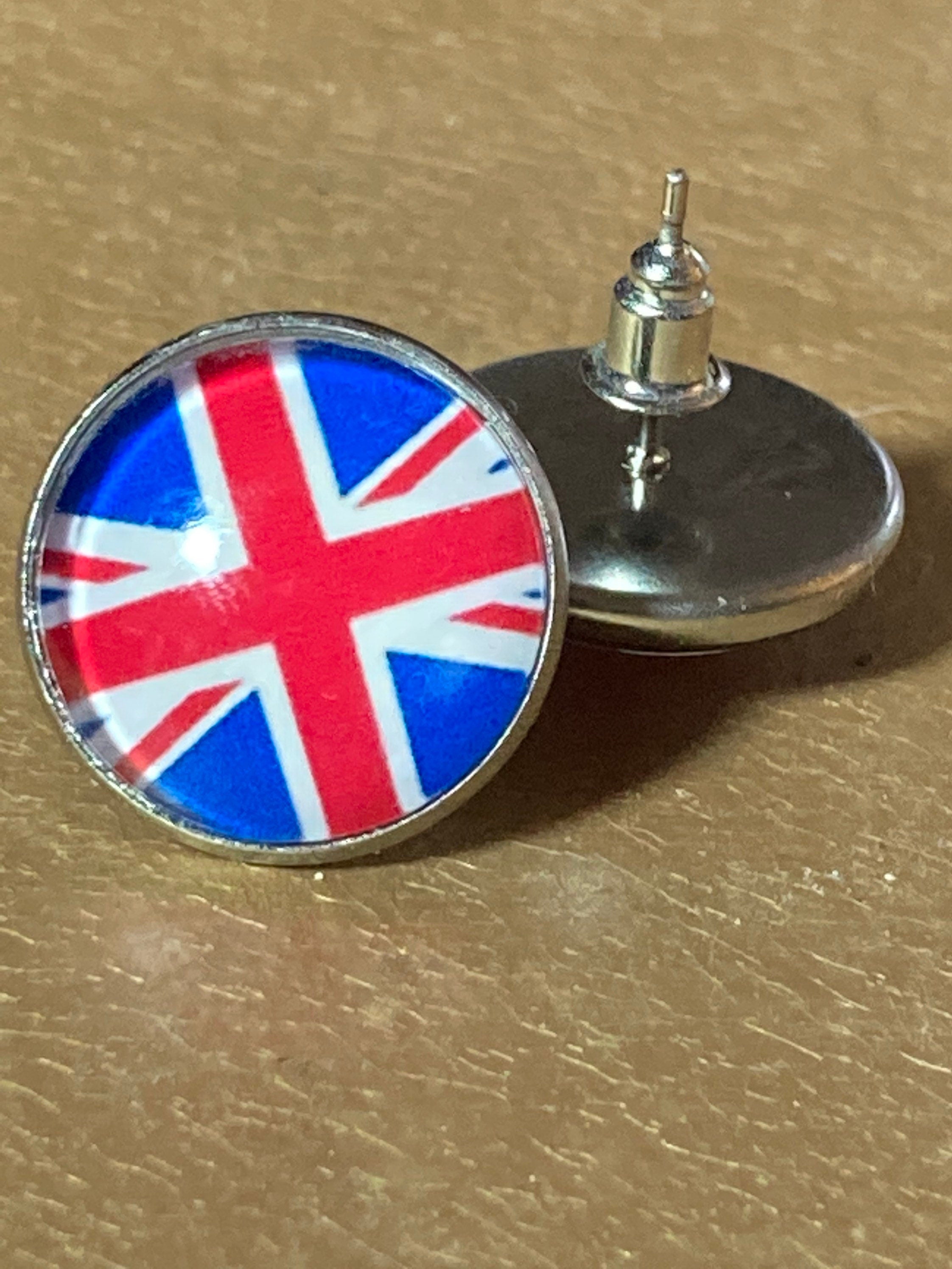 Union Jack earrings UK British flag round gold tone