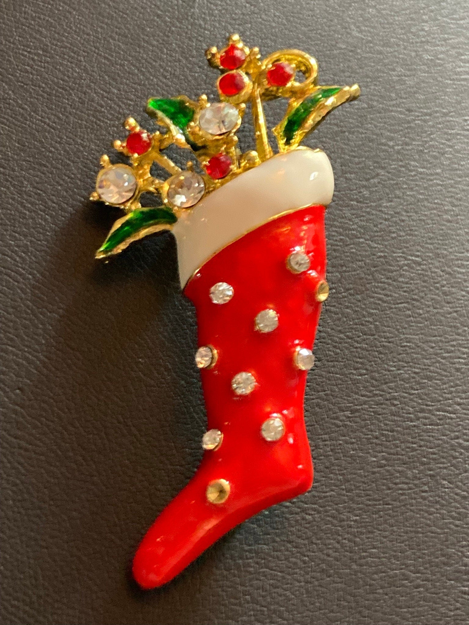 red Enamel Christmas stocking diamanté brooch