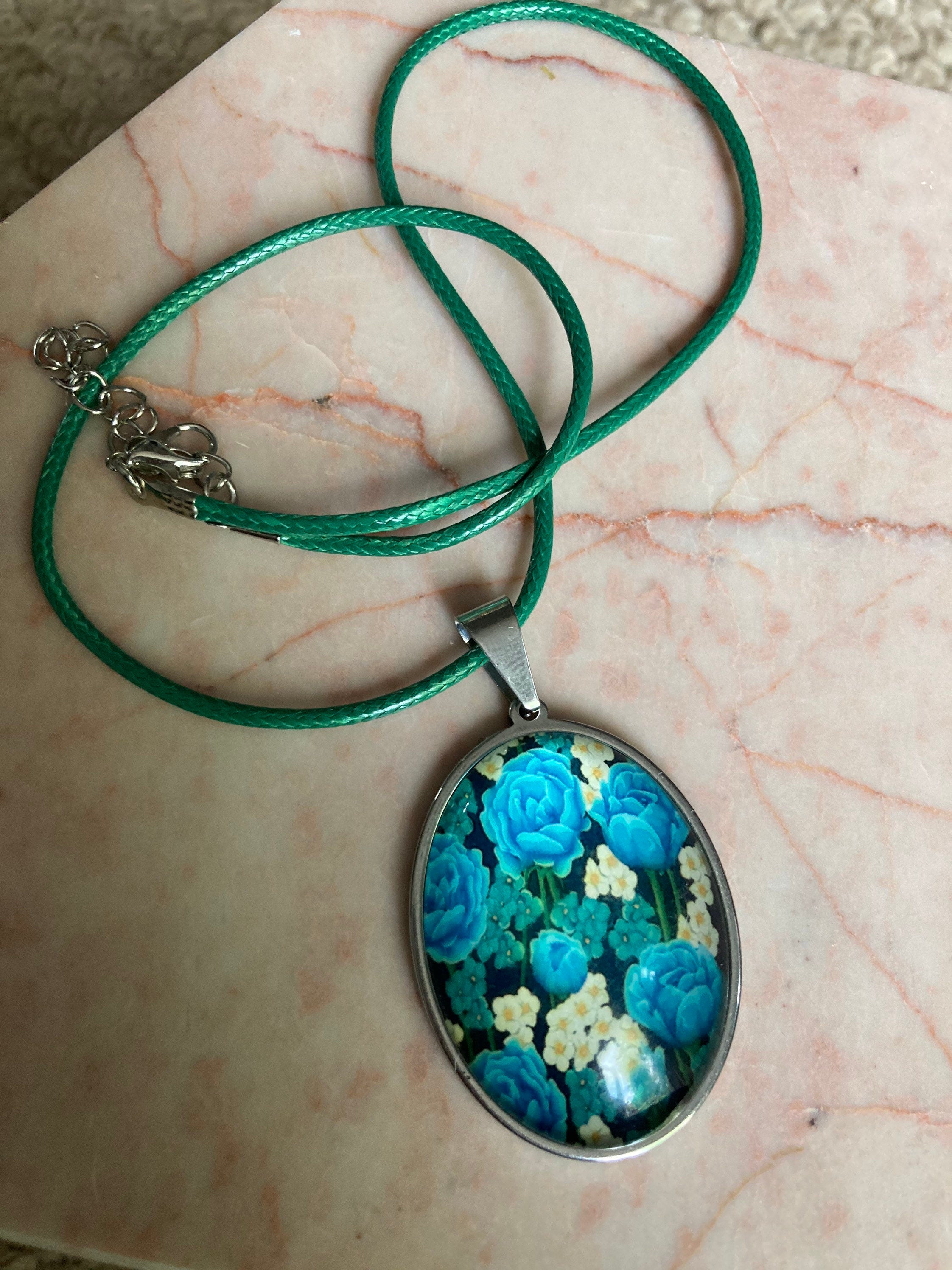 glass floral blue and green garden roses oval stainless steel pendant necklace