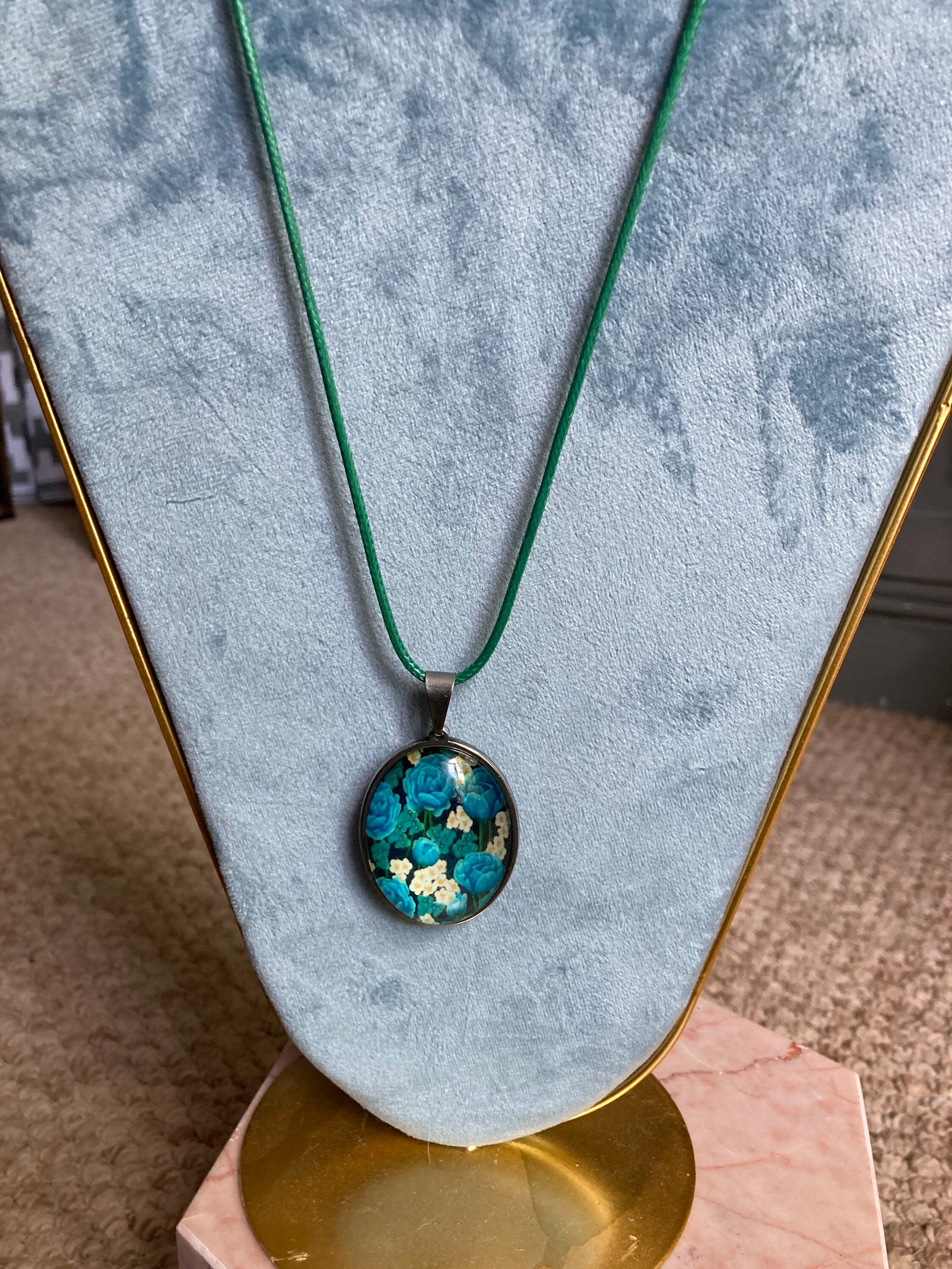 glass floral blue and green garden roses oval stainless steel pendant necklace