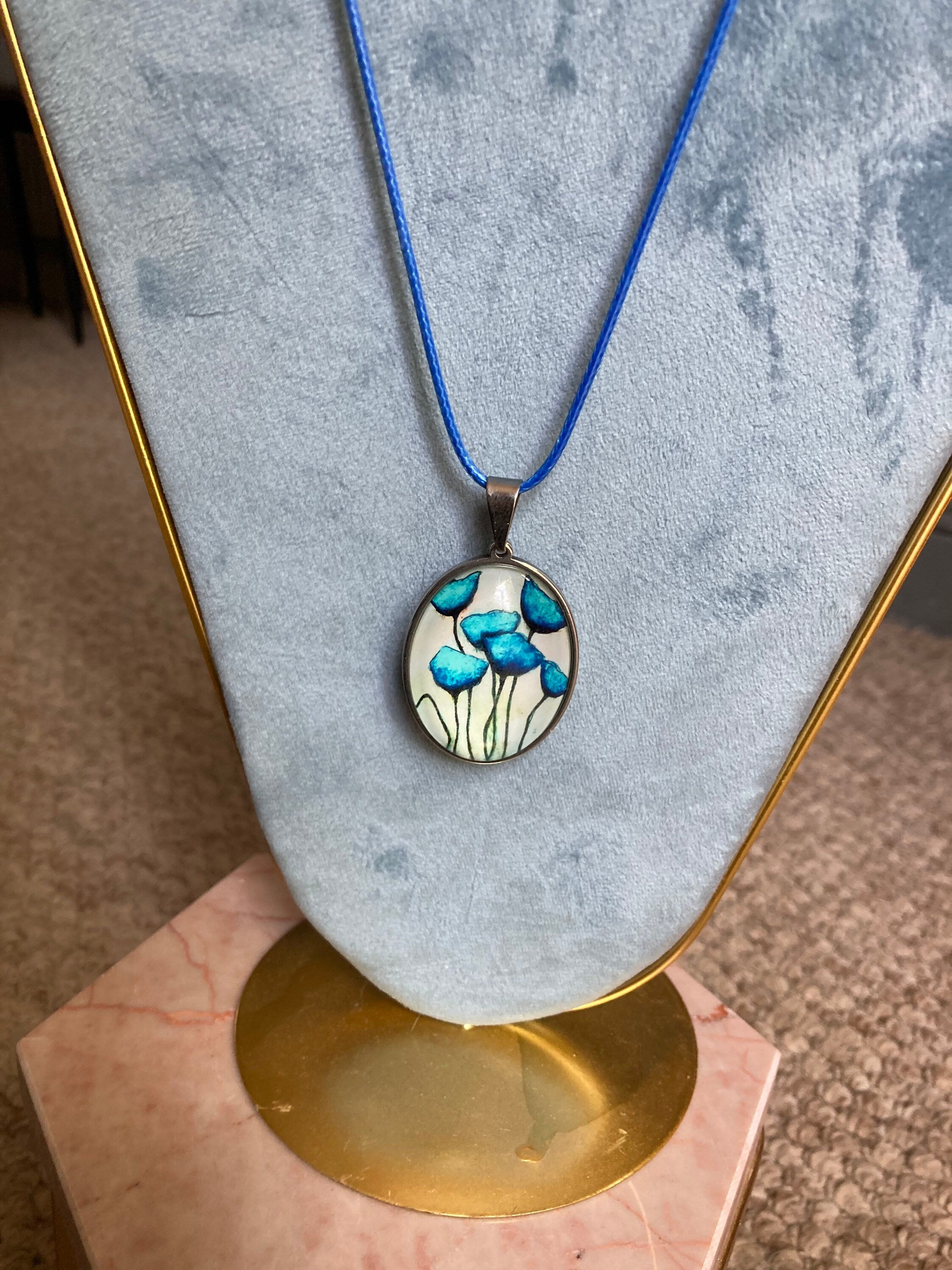Blue floral glass garden flowers large oval stainless steel pendant necklace