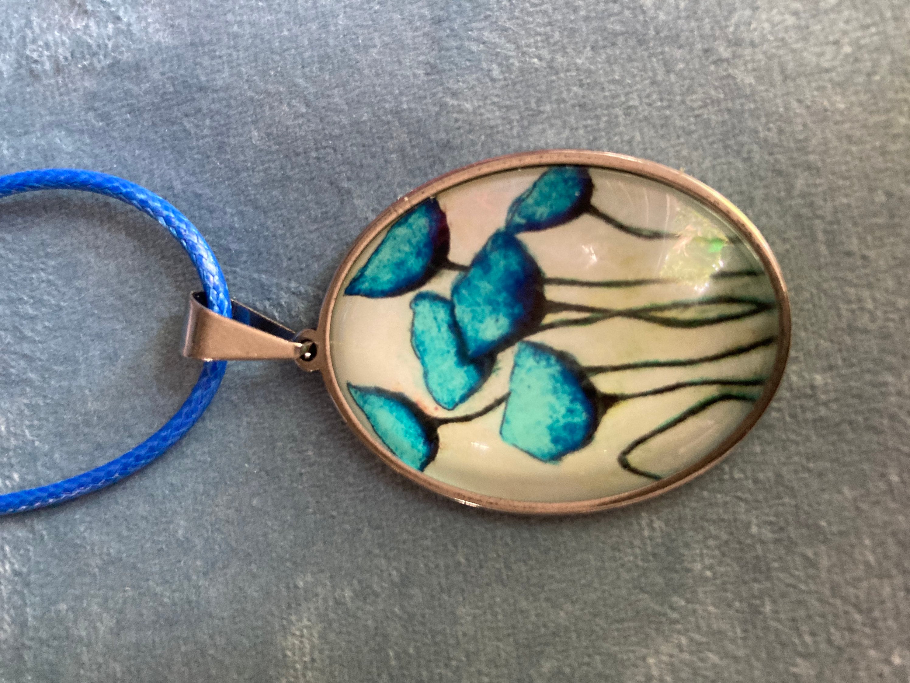 Blue floral glass garden flowers large oval stainless steel pendant necklace