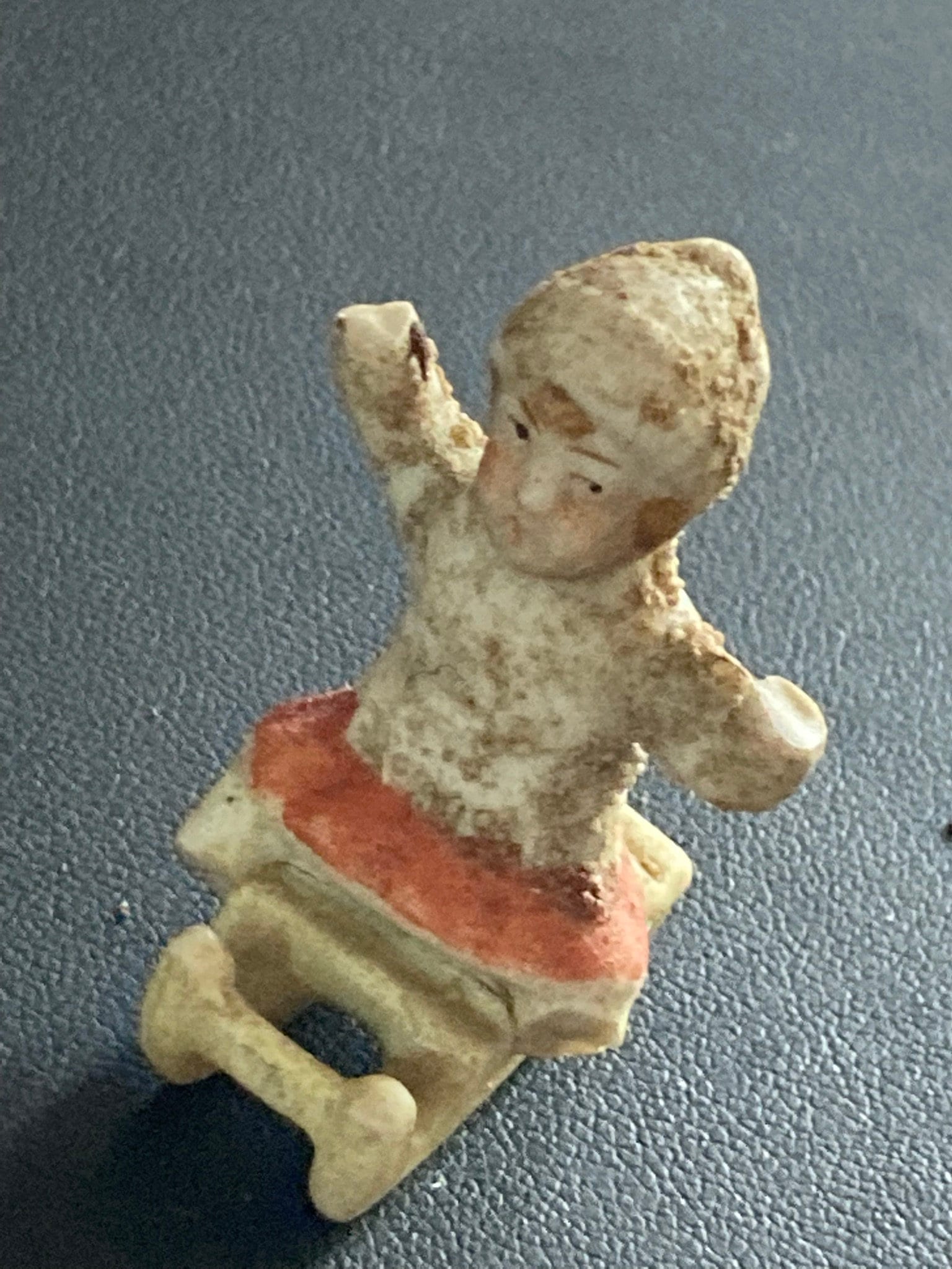 AF Antique Vintage PLASTER or bisque Snow Baby girl on sledge Christmas Xmas Cake topper decoration festive baking