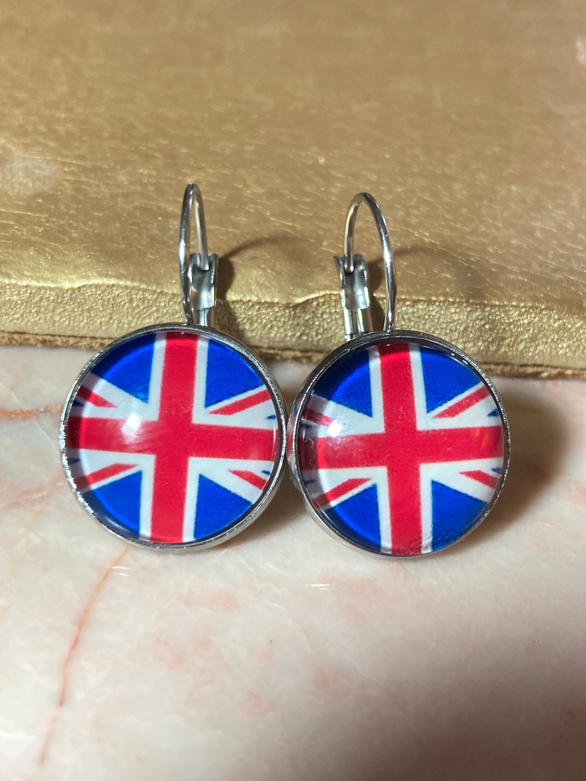 Union Jack earrings UK British flag round gold tone