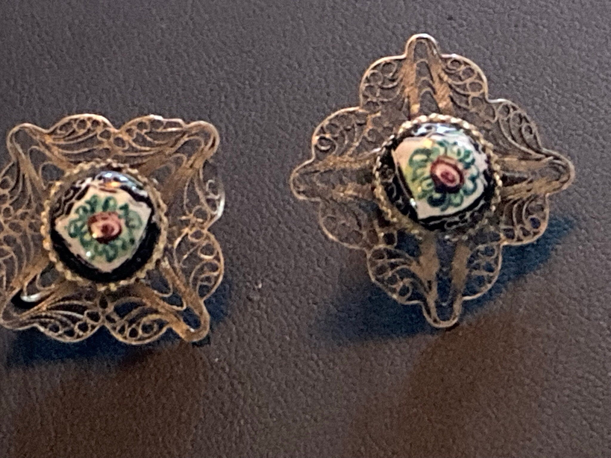 Eastern clip on earrings screw back Arabic Continental silver filigree story teller hand painted
