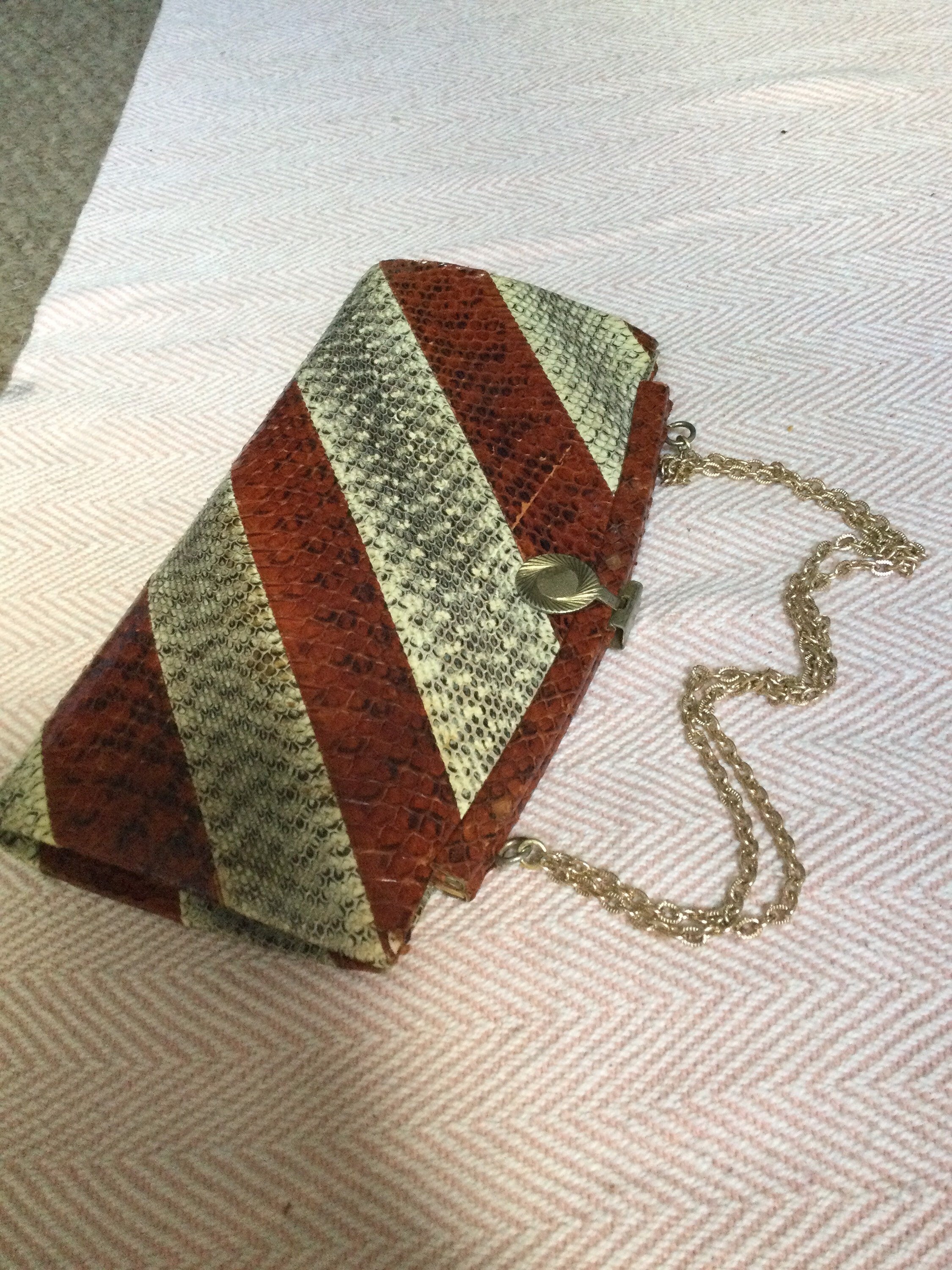 Vintage true Art Deco oxblood red faux snakeskin striped Evening Bag Purse