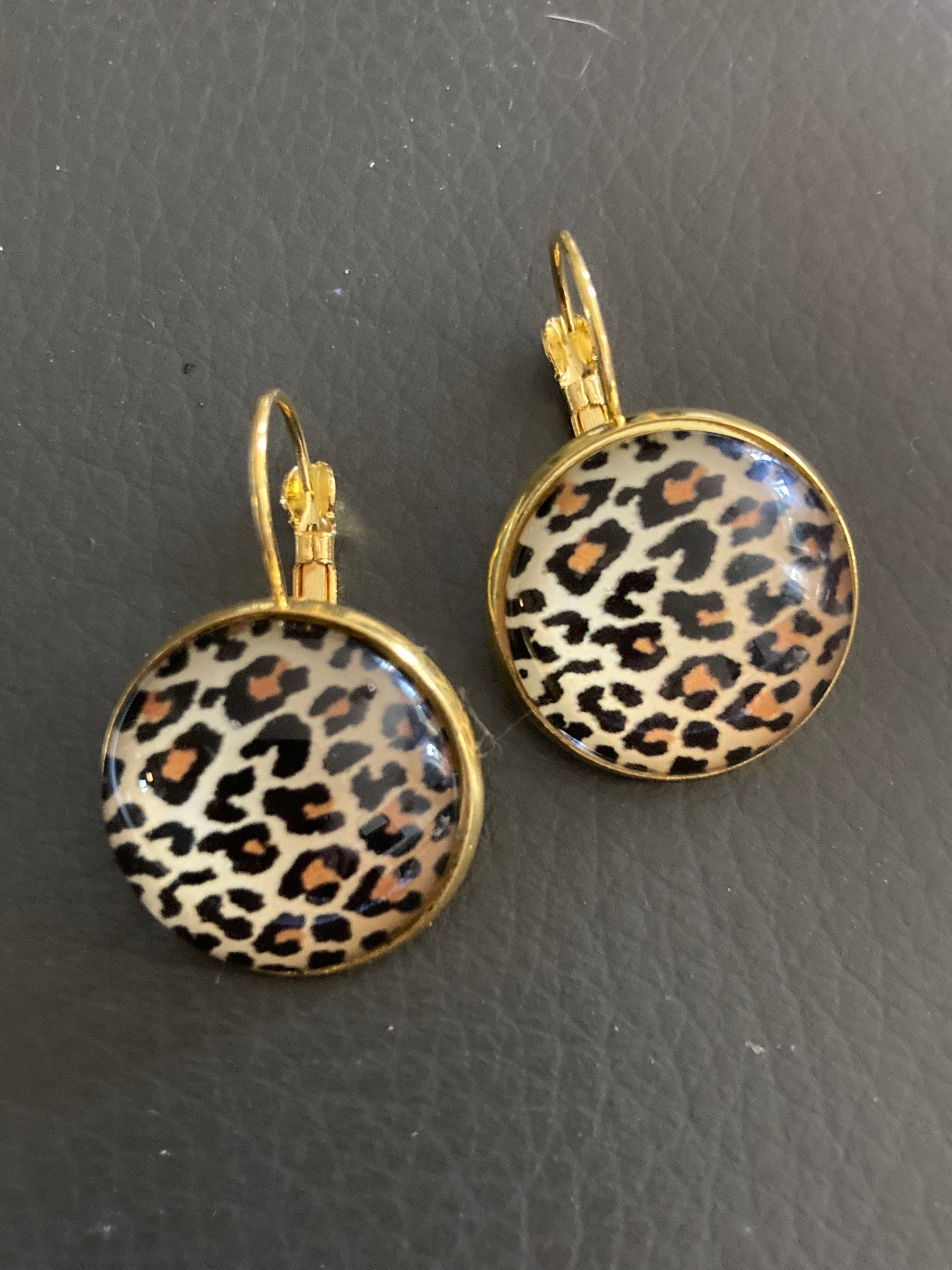 Brown Leopard print drop earrings round glass cabochon