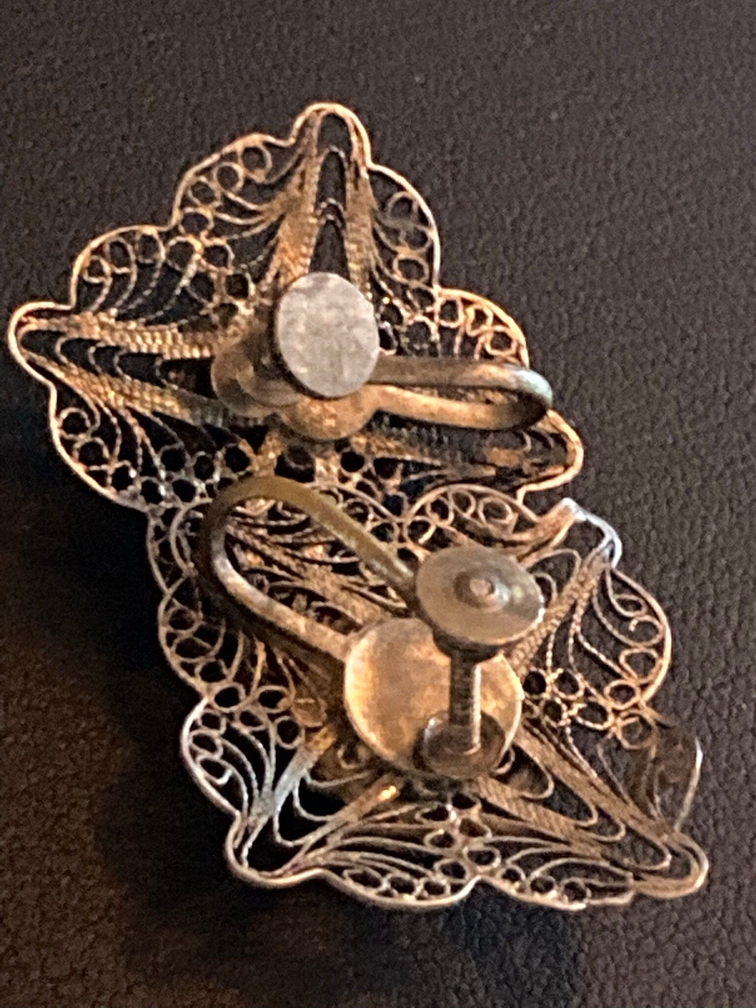 Eastern clip on earrings screw back Arabic Continental silver filigree story teller hand painted