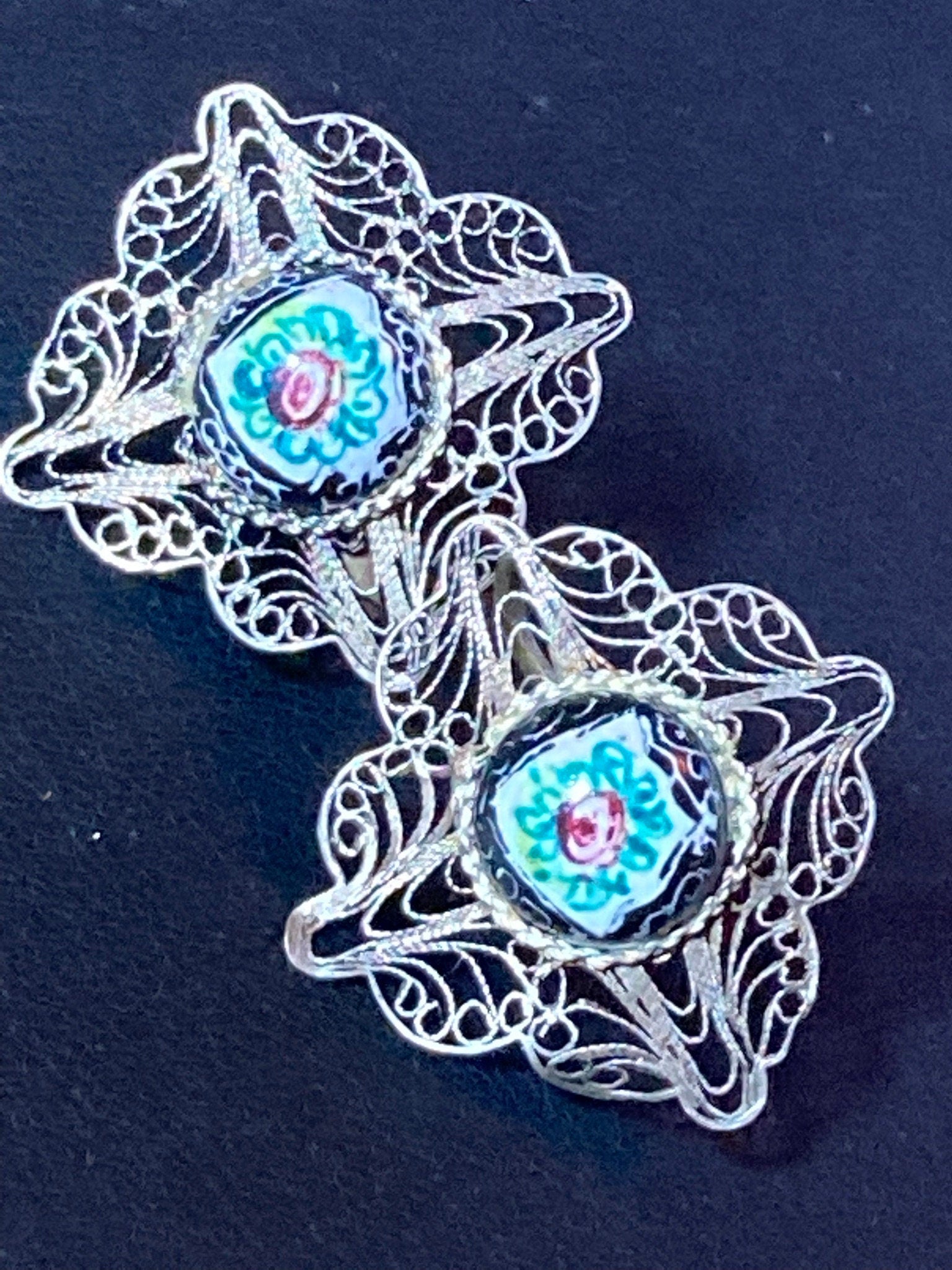 Eastern clip on earrings screw back Arabic Continental silver filigree story teller hand painted