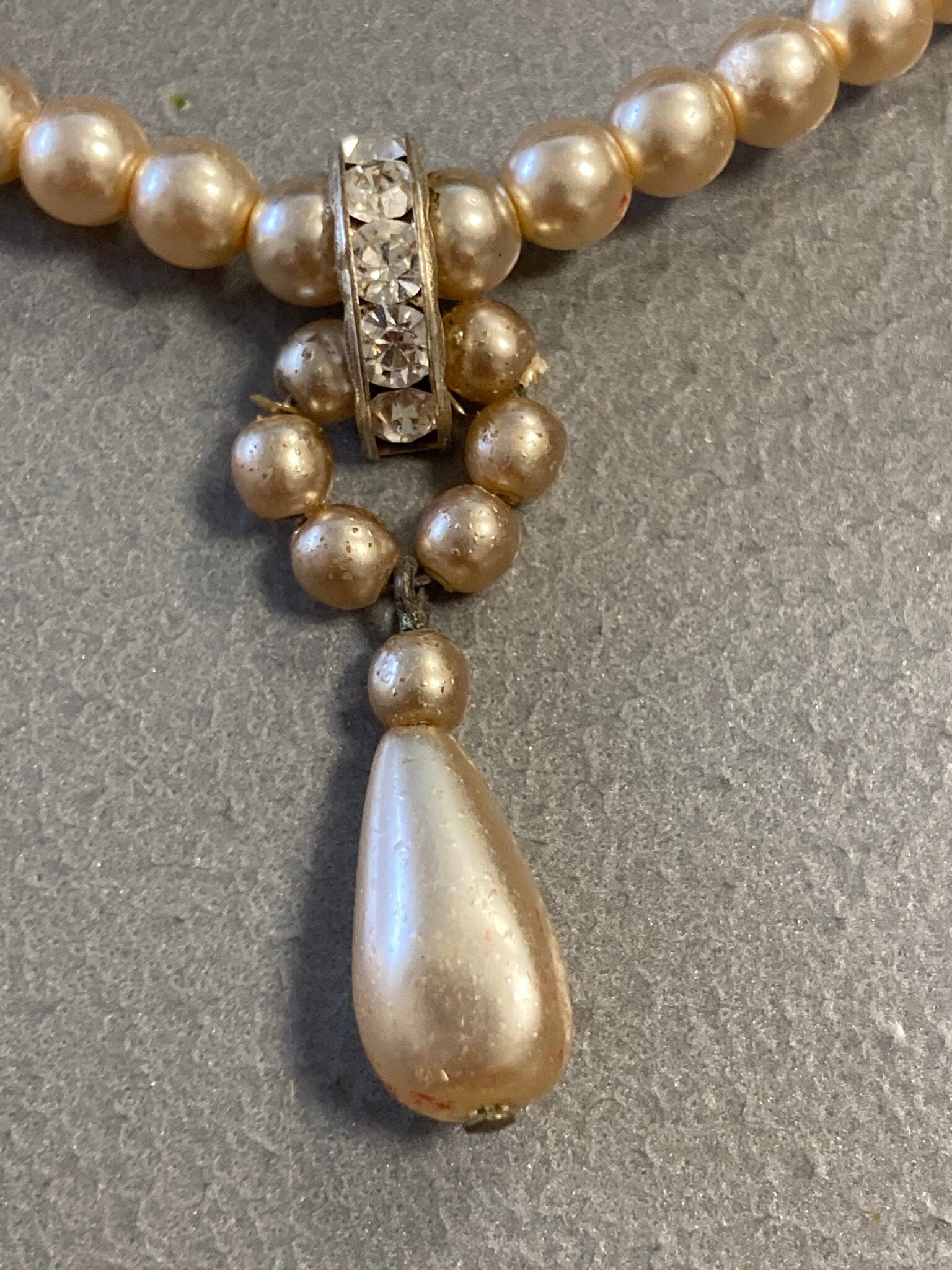 Faux Pearl necklace paste pendant vintage diamanté drop