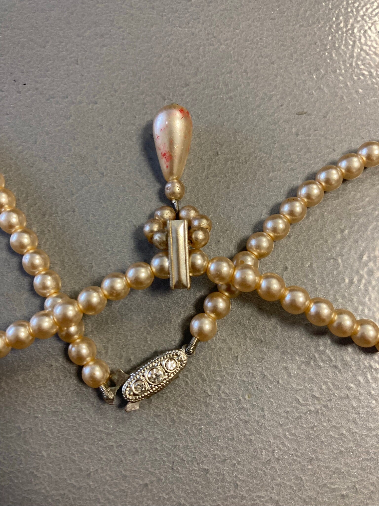 Faux Pearl necklace paste pendant vintage diamanté drop