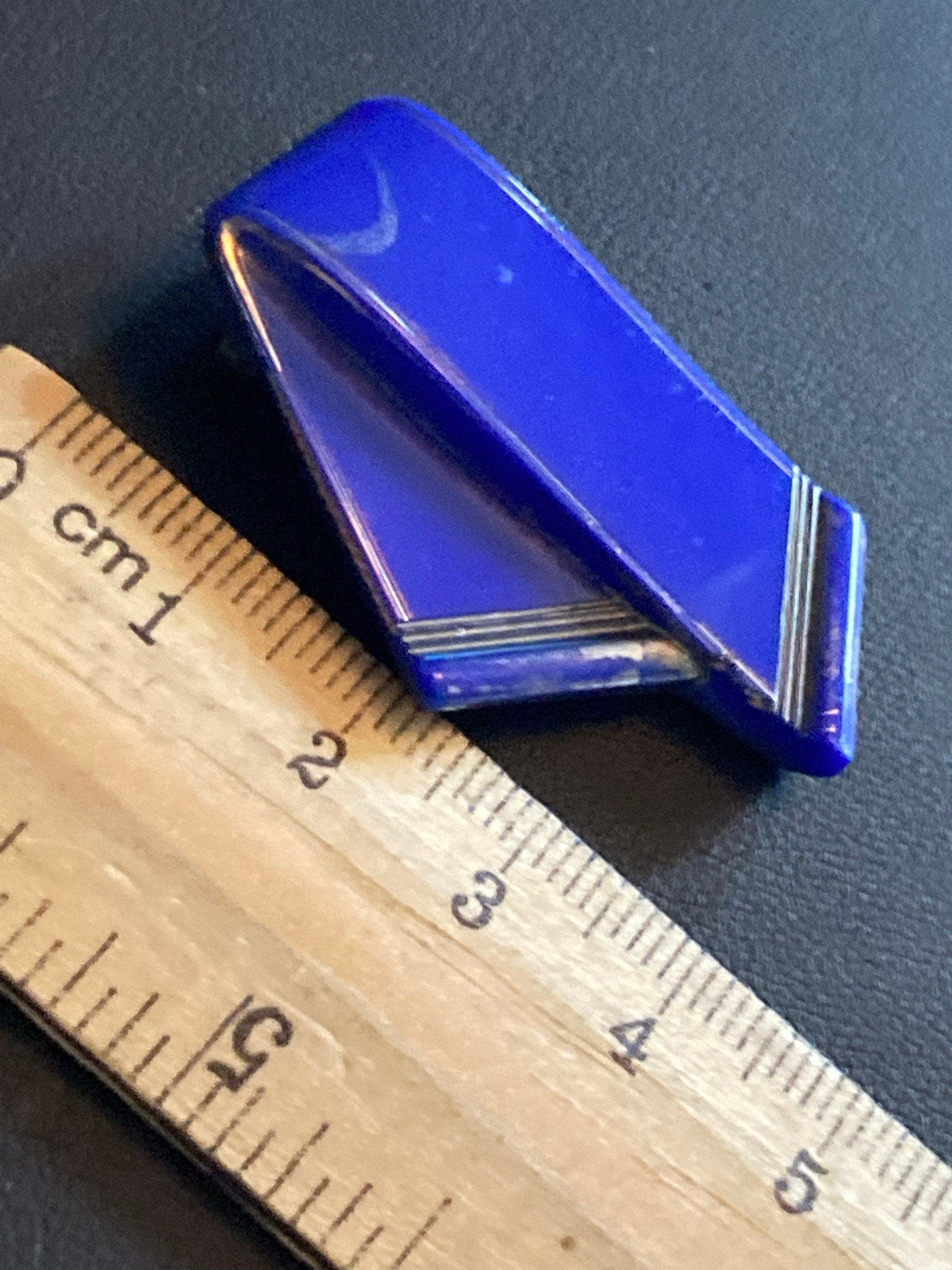 Art Deco bright blue painted silver pressed glass Dress Clip