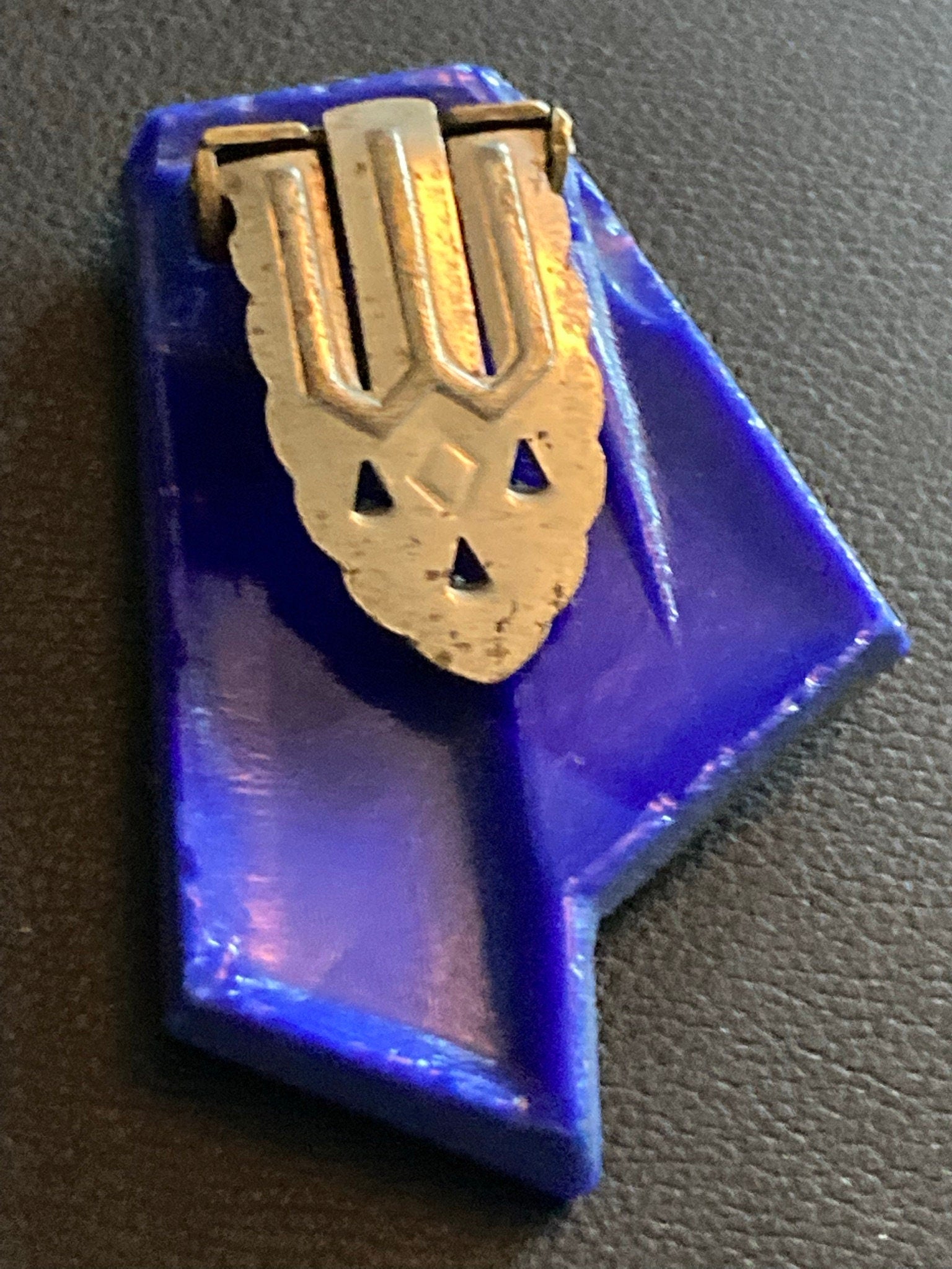 Art Deco bright blue painted silver pressed glass Dress Clip