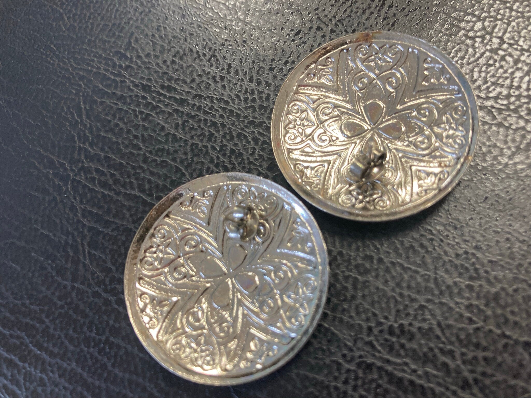 gold and silver tone large disc button stud earrings oversized 1980s ornate